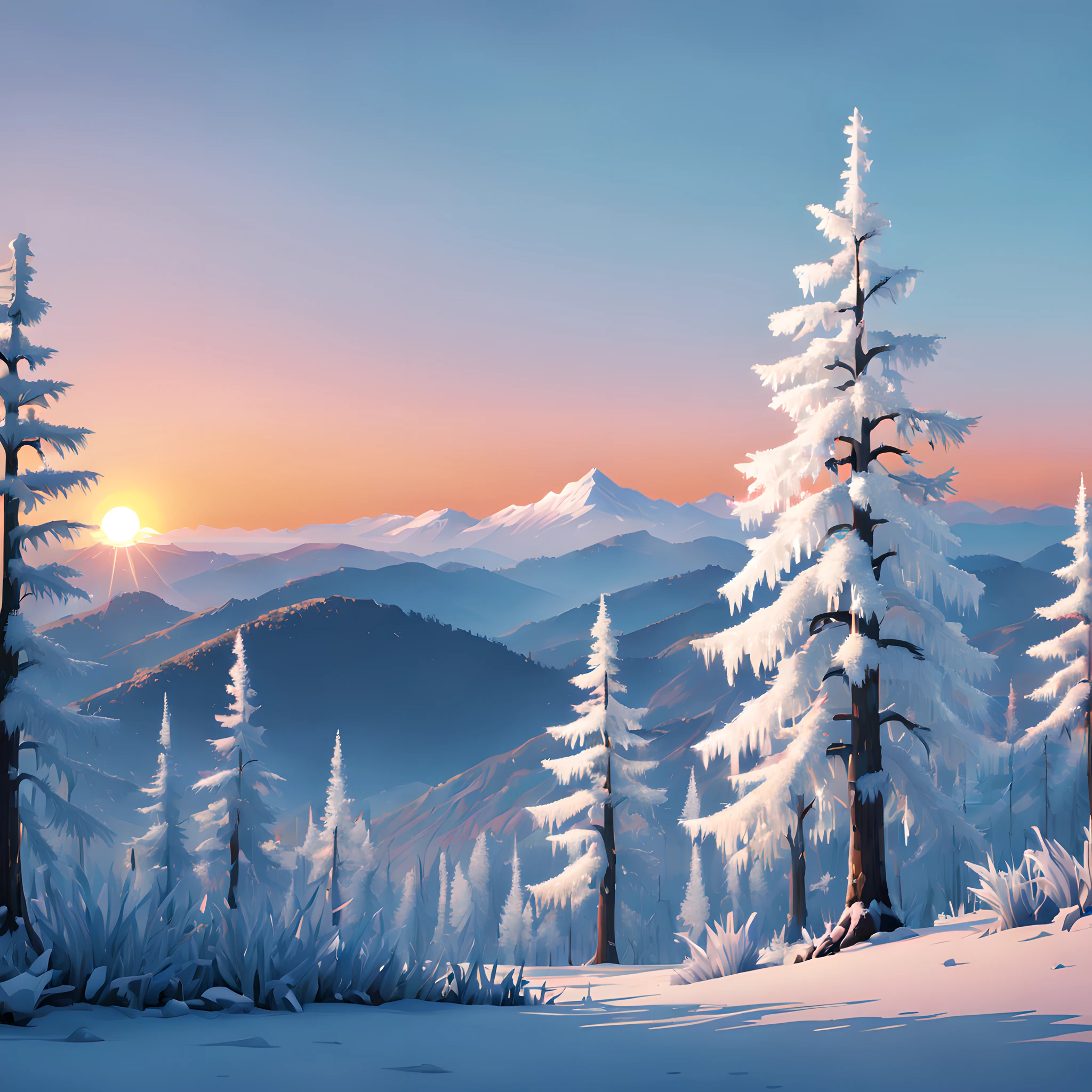 (Pixel art:1.5), (Rime Ice;1.3), (frozen trees:1.3), (alpine zone:1.3), (rime ice covered trees along skyline:1.3), (rime ice and snow:1.5), (sunrise:1.5),