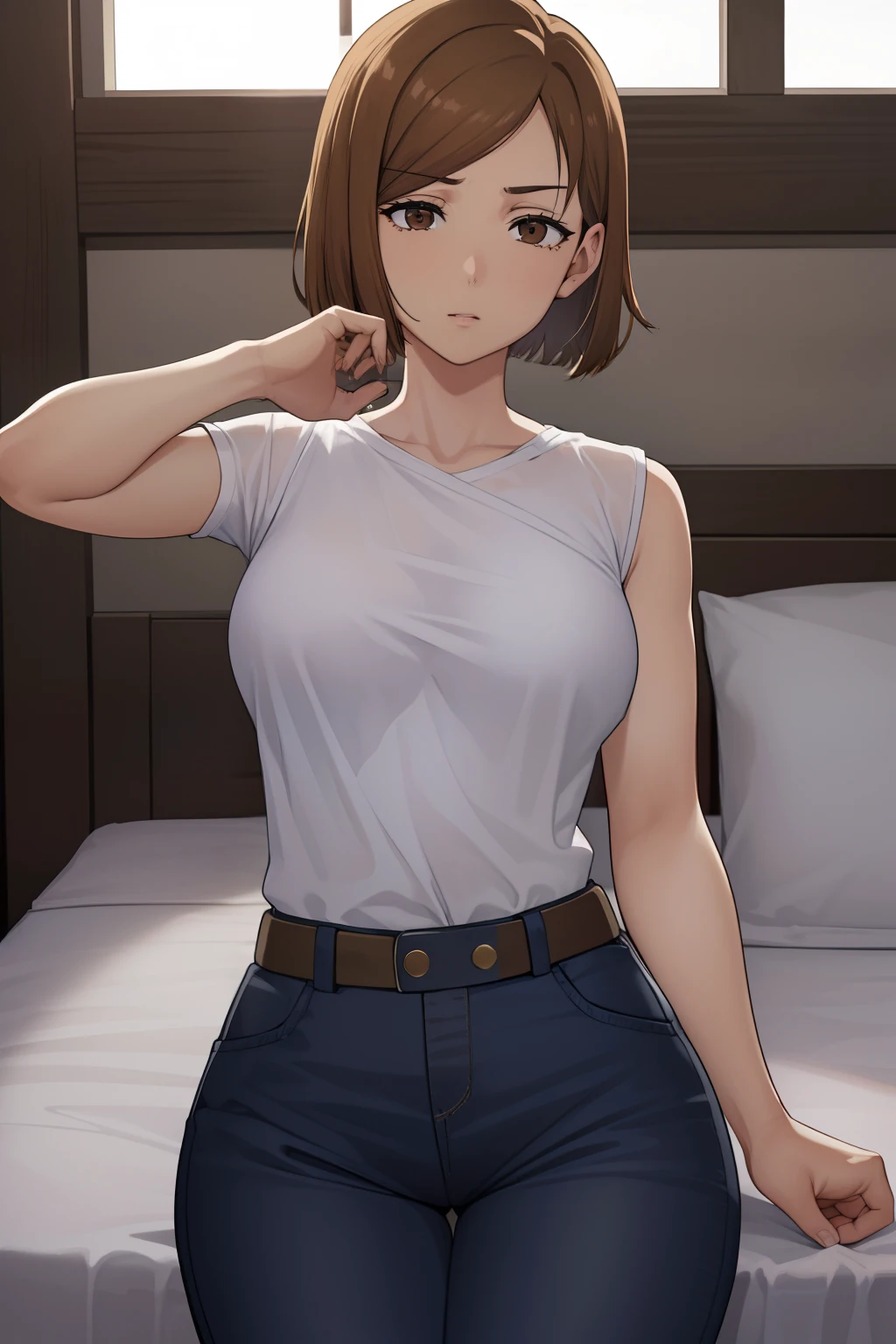 Nobarakugisaki, Nobara Kugisaki, Bob Cut, (brown eyes:1.7), brown hair, labios, pelo corto,
BREAK Belt, 
DESCANSO mirando al espectador,
DESCANSO en interiores, Bedroom,
QUEBRAR (Obra maestra:1.2), La mejor calidad, High resolution, Unidad 8K Fondo de pantalla, (illustration:0.8), (hermosos ojos detallados:1.6), Cara extremadamente detallada, Perfect lighting, CG extremadamente detallado, (Manos perfectas, Perfect anatomy), pose sexi, sensual, provocativa