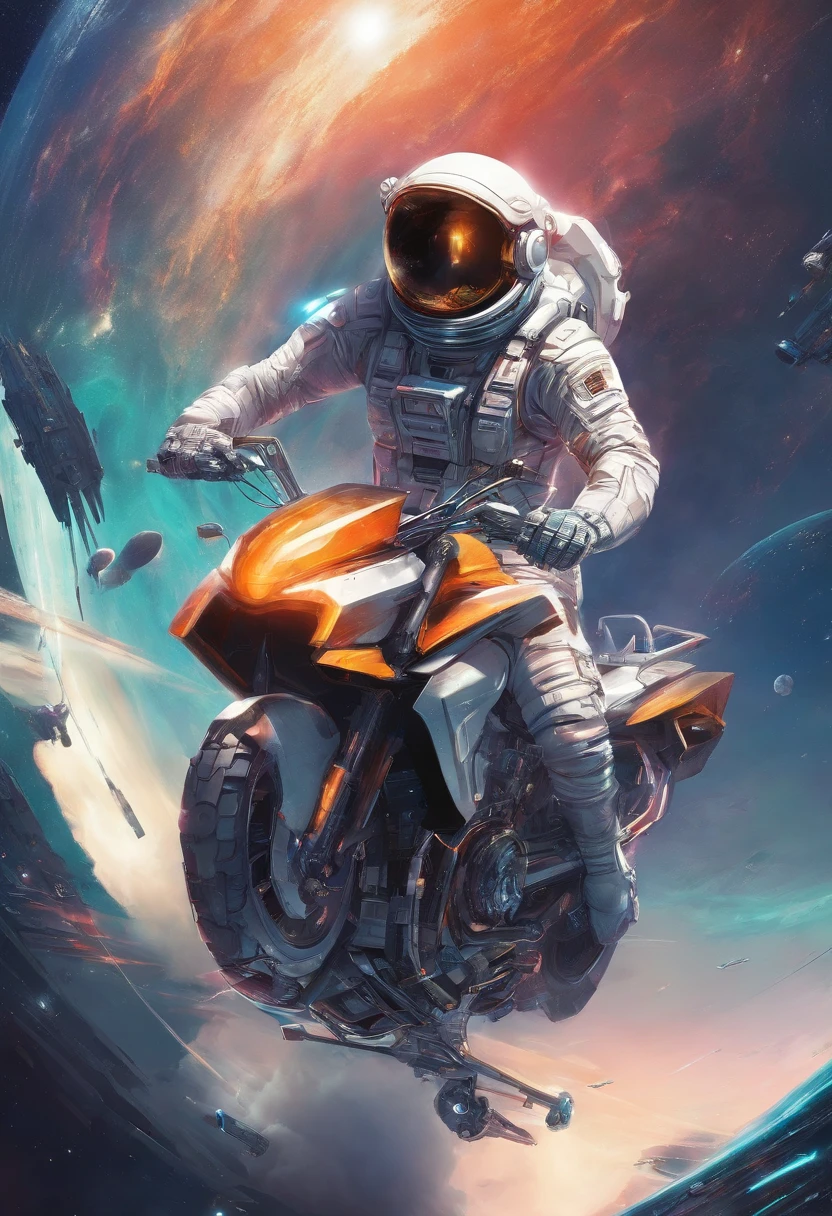 Futuristic astronaut riding on top of rocket like it was a motorcycle, hyper detailed, concept art,, Galaxy,