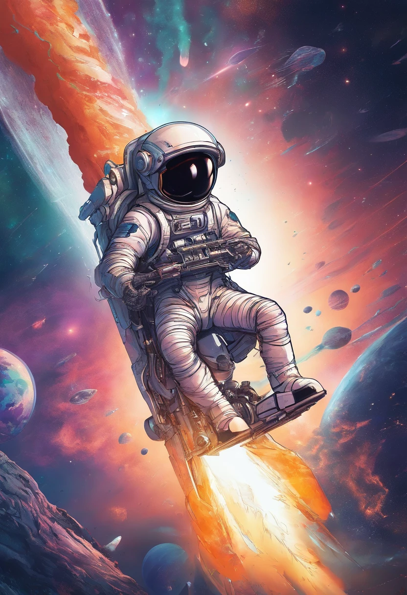 Futuristic astronaut riding on top of rocket like it was a motorcycle, hyper detailed, concept art,, Galaxy,