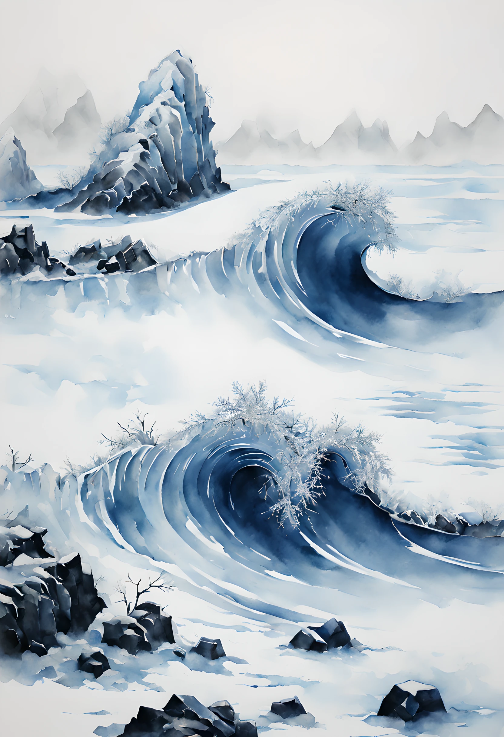 (ink and watercolor painting:1.5), (Landscape painting:1.5), (Tasteful:1.5), (ink and watercolor painting:1.5), (Chinese style:1.5), (rime ice:1.5), (rime ice:1.5), (ice crystals:1.5), (rime ice covered the wave:1.5), (frozen sea:1.5), (rime ice forms wave:1.5),
