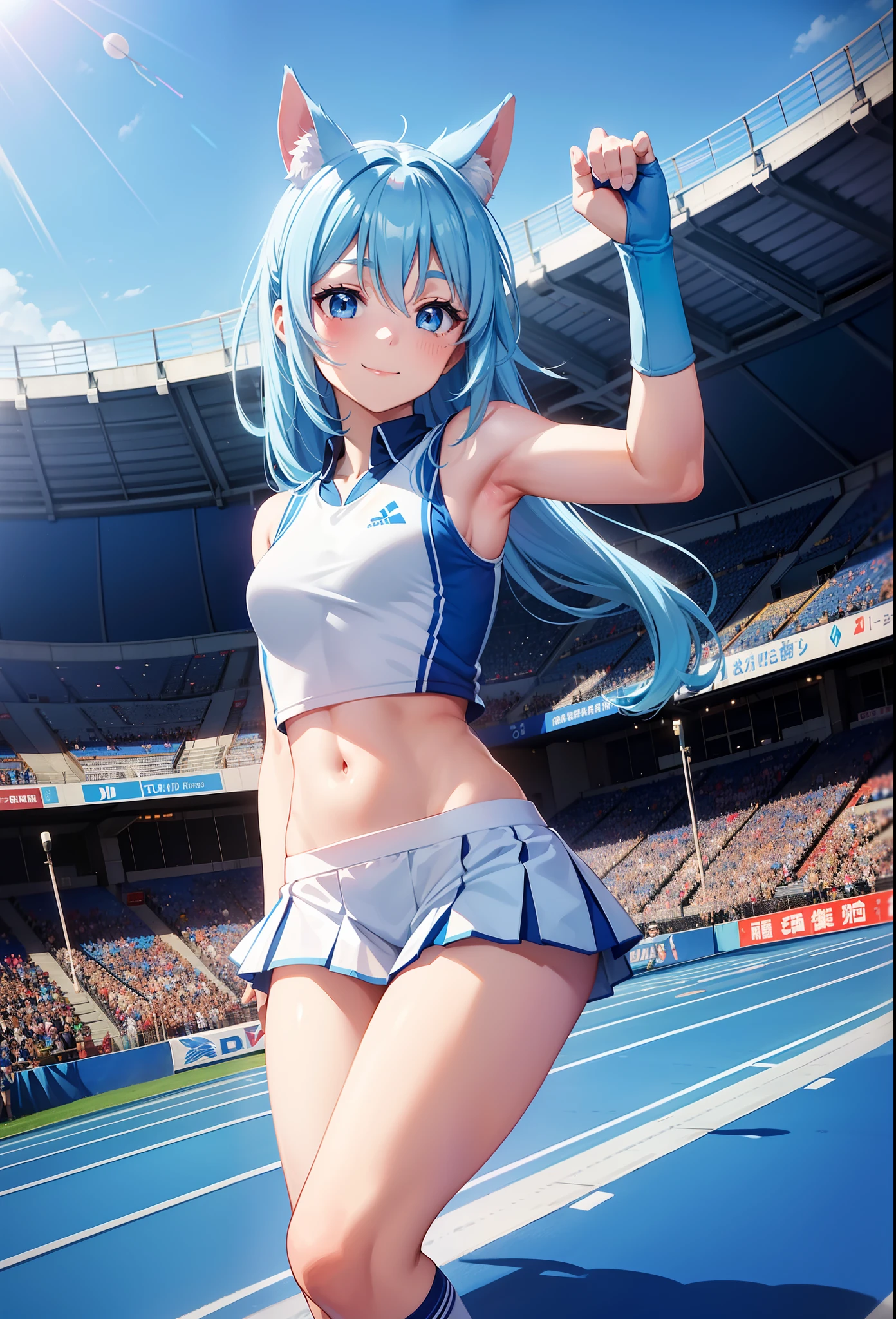 Super Idol、a beauty girl.(track and field). adorable smiling、Light blue long hair、Twin-tailed、(World Athletics).(Blue White Track Uniforms:1.2), Sleeveless, (spectator seats).(Photo Full Stadium).(Independent Athletics Uniform).competition, Perfect hands, Show belly, Running