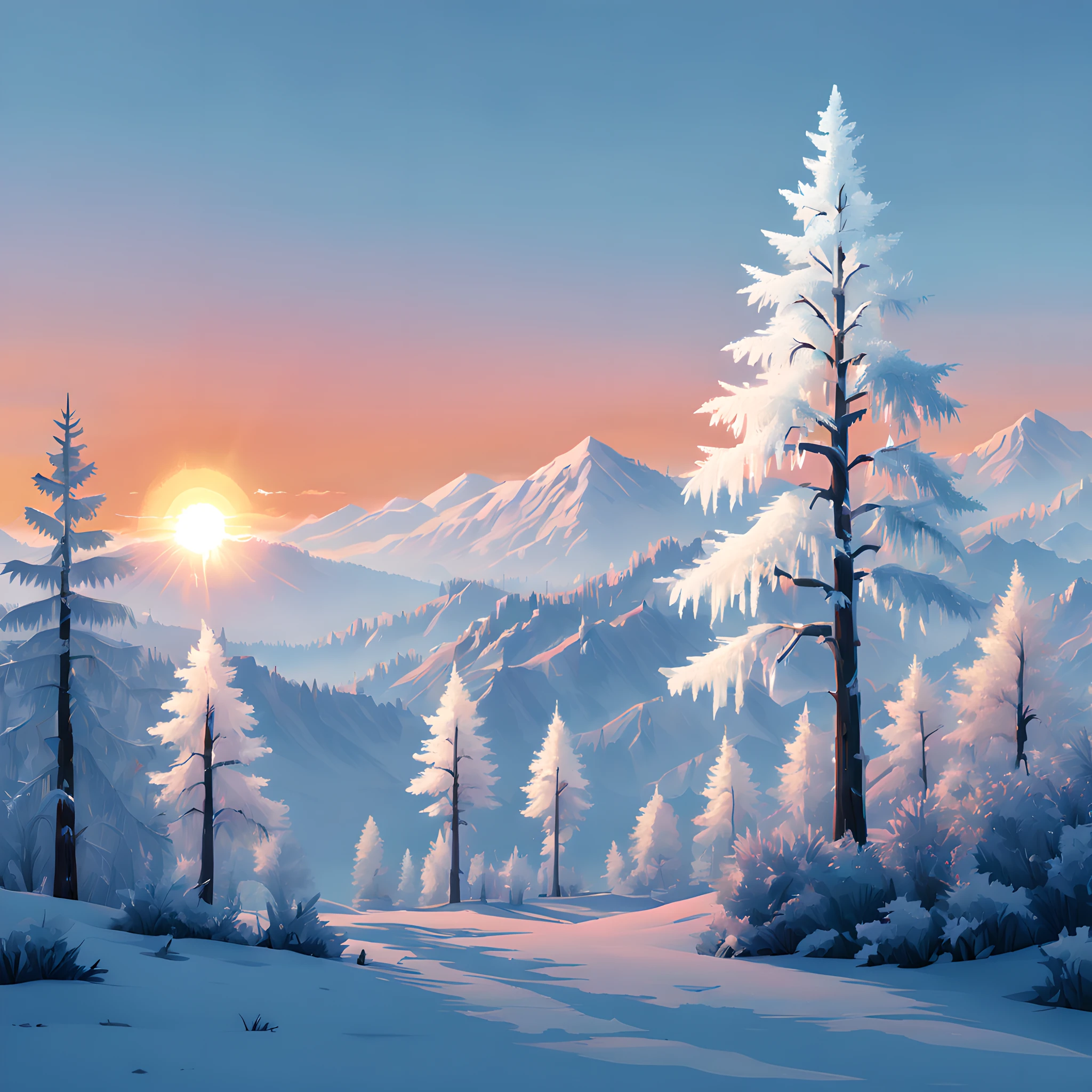 (Pixel art:1.5), (Rime Ice;1.3), (frozen trees:1.3), (alpine zone:1.3), (rime ice covered trees along skyline:1.3), (rime ice and snow:1.5), (sunrise:1.5),(sunrise light:1.3),
