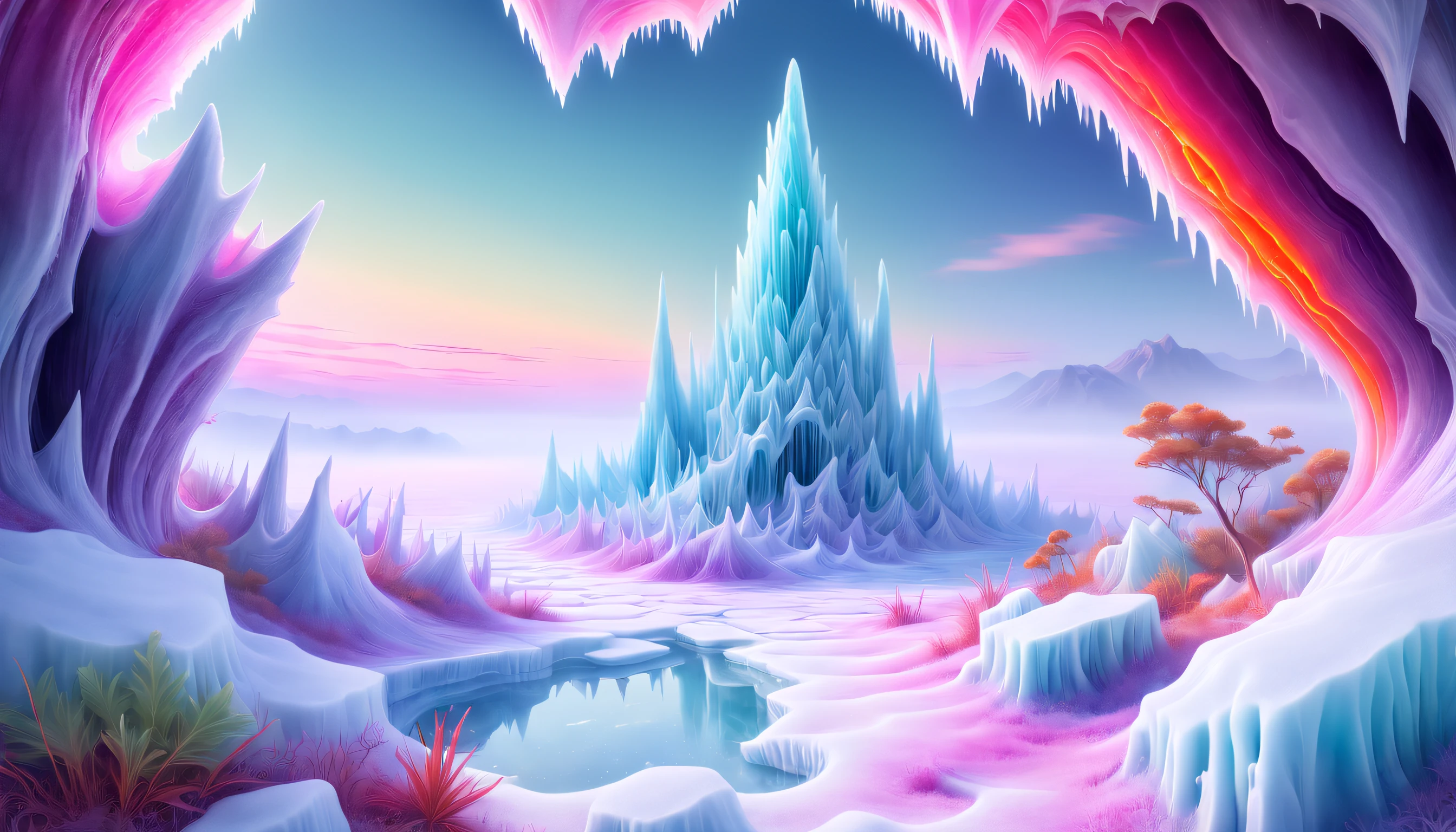 [Understated psychedelic] landscape with unexpected geological formations, and lush vegetation, all covered in a magical layer of crystalline (((Rime ice))) that sparkles under a surreal multicolored sky. (honeycomb pattern), (creative:1.2), sy3, SMM, fantasy00d,