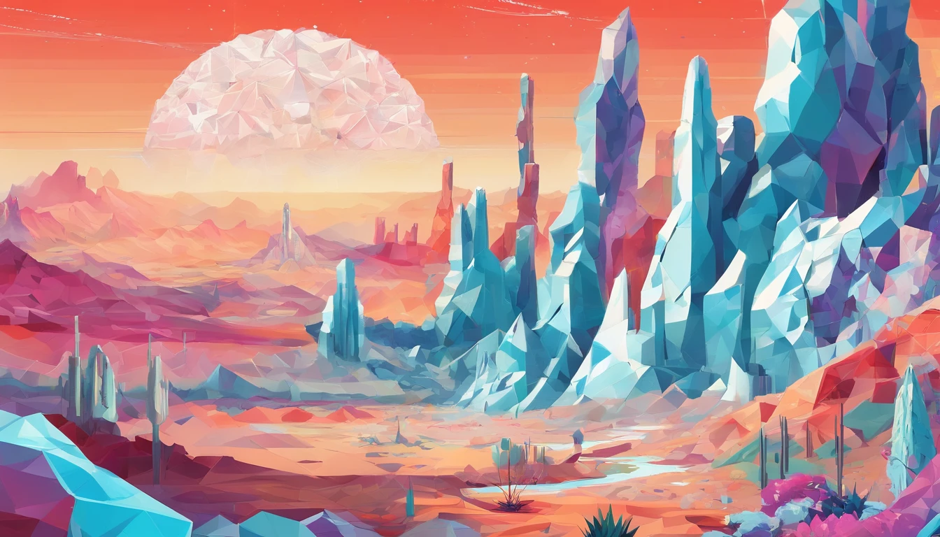 [Understated psychedelic] desert landscape with unexpected geological formations, and lush vegetation, all covered in a layer of crystalline (((Rime ice))) that sparkles under a surreal multicolored sky.