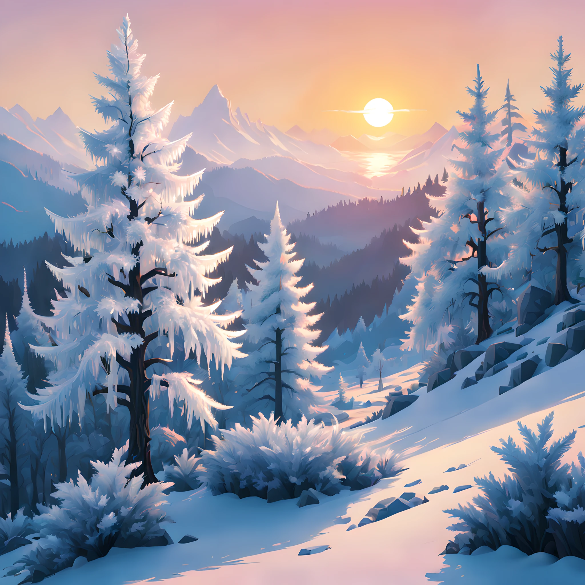 (Pixel art:1.5), (Rime Ice;1.3), (frozen trees:1.3), (alpine zone:1.3), (rime ice covered trees along skyline:1.3), (rime ice and snow:1.5), (sunrise:1.5),(sunrise light:1.3),