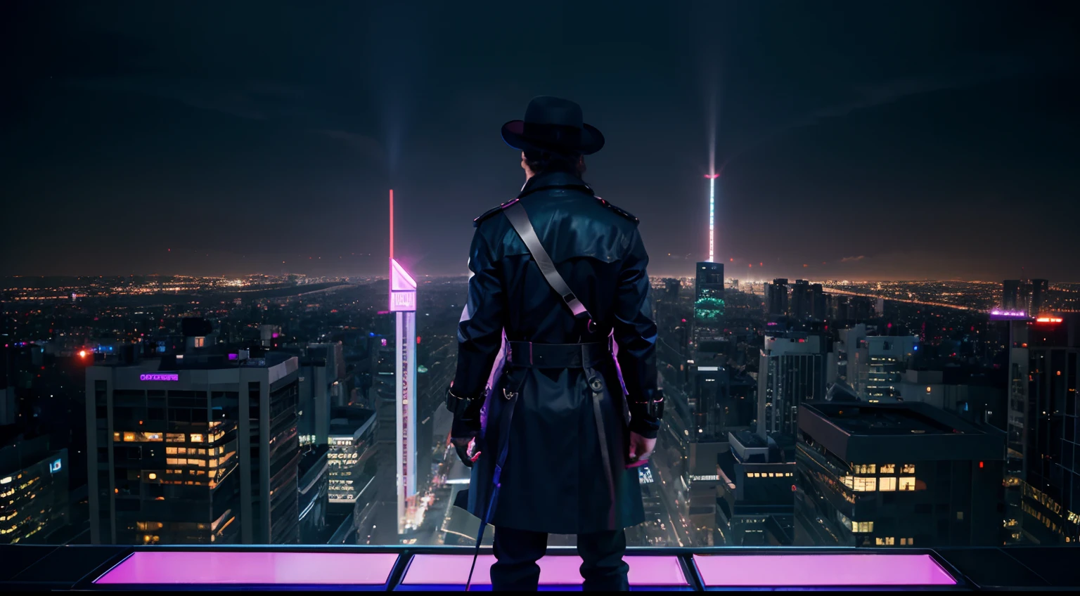 A figure stands on the edge of a rooftop, overlooking the city, They're bathed in the eerie glow of digital billboards, A dimly lit, futuristic cityscape with neon signs and holographic billboards,
Predominantly dark blues and purples with contrasting neon reds and greens, A person wearing a trench coat and fedora, holding a smartphone with a shield emblem on the screen, A digital web of data surrounds them.