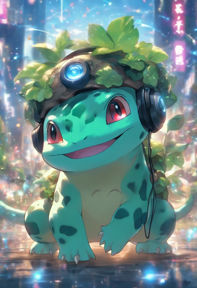 Bulbasaur has a headset，A mais alta qualidade de imagem，cinematic texture，uma obra-prima，tmasterpiece，Horizontal, wallpaperk