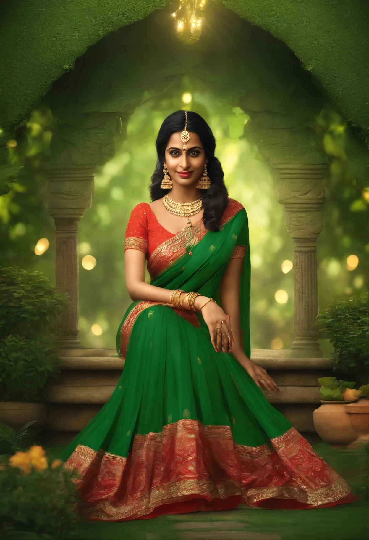 A beautiful Indian woman maa Lakshmi ultra realistic picture standing on a garden maa Lakshmi green
sari with oval shap face big eyes 8k resolution high graphic picture looking towards the camera full body image pro rays resolution extreemly beautiful Indian face sitting on her asan