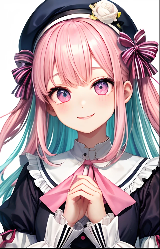 girl with、No background、without background、Background through、Pink hair、Pink light blue hair、Light blue mesh、Light blue inner color、Two knots、Twin-tailed、Sareme、drooping eyebrows、Pink eyes、Pink eyes、校服、Lolita Fashion、Onepiece、beret、White beret、frilld、Striped ribbon、A smile、Kind face、kawaii、without background
