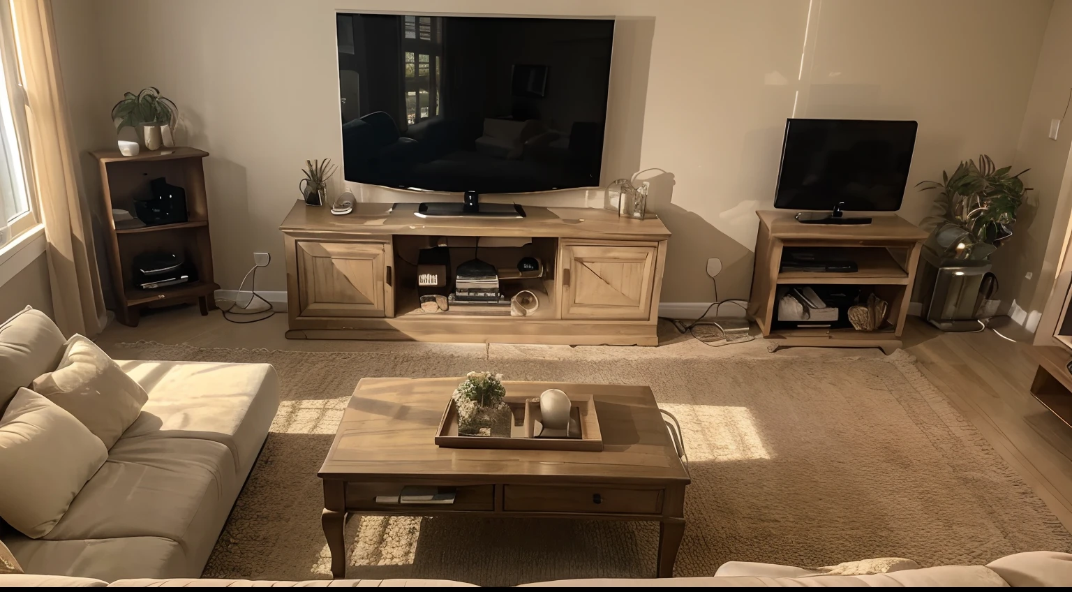Ambience: A cozy, suburban living room with warm, soft lighting.
Context: A family sits together, watching TV. Their faces are illuminated by the screen.
Color: Soft, warm colors, beige, and pastel tones.
Objects: The TV screen displays a privacy policy while the family members are connected to digital devices, emphasizing the idea of digital privacy at home.