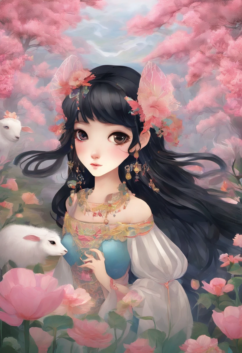 A Zhuang girl,Black hair,largeeyes,with a round face,Toiling in the fields,There are flocks of sheep next to it