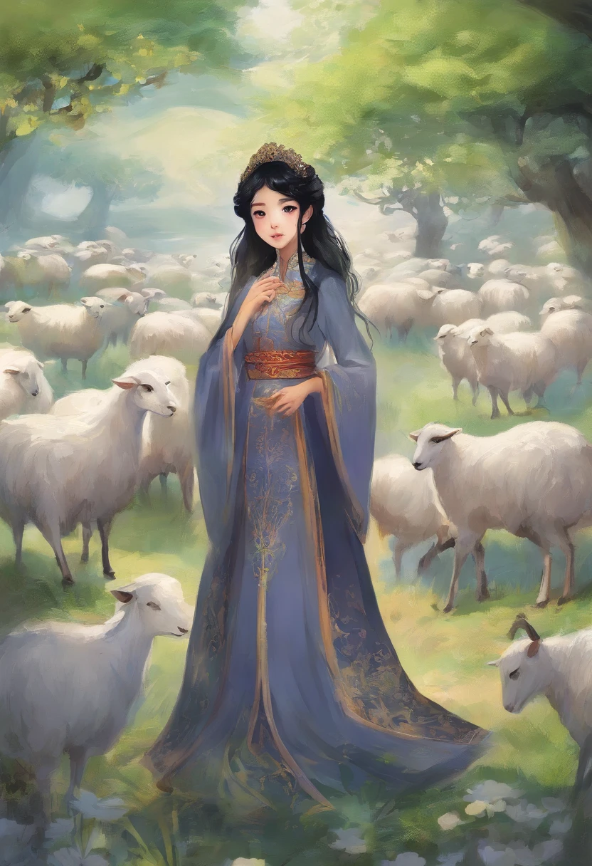 (shepherd holding a stick, wandering, sheep, sheep, sheep,sheep,sheep,sheep,sheep, many sheep and dogs and birds, blood, dirty clothes, a mature sad female, back of female, ethereal, large breasts, vivid color, bare shoulders, arms down, armpits, thighs, [light smile], expressionless, masterpiece, 8k resolution, fantasy art, ((high jumper's body proportions)), ((obesity: 0.0)), ((((no panties)))), ((no panties))), ((( No pants))),(((No socks)))),(No skirt)))),((No shoes)))),((Dynamic posture)))), (Full body))), , (Greek feet), (Carefully groomed nails),((Delicate and small toes, perfect toes))), (Camel toes),((Correct anatomy)),((Correct dissection))),( Clothing: high slit design, white flowers cut at the waist, perfectly blending with the figure))), (((the world of clouds and mist))), (the clothes are painted with dirty and blood )))),