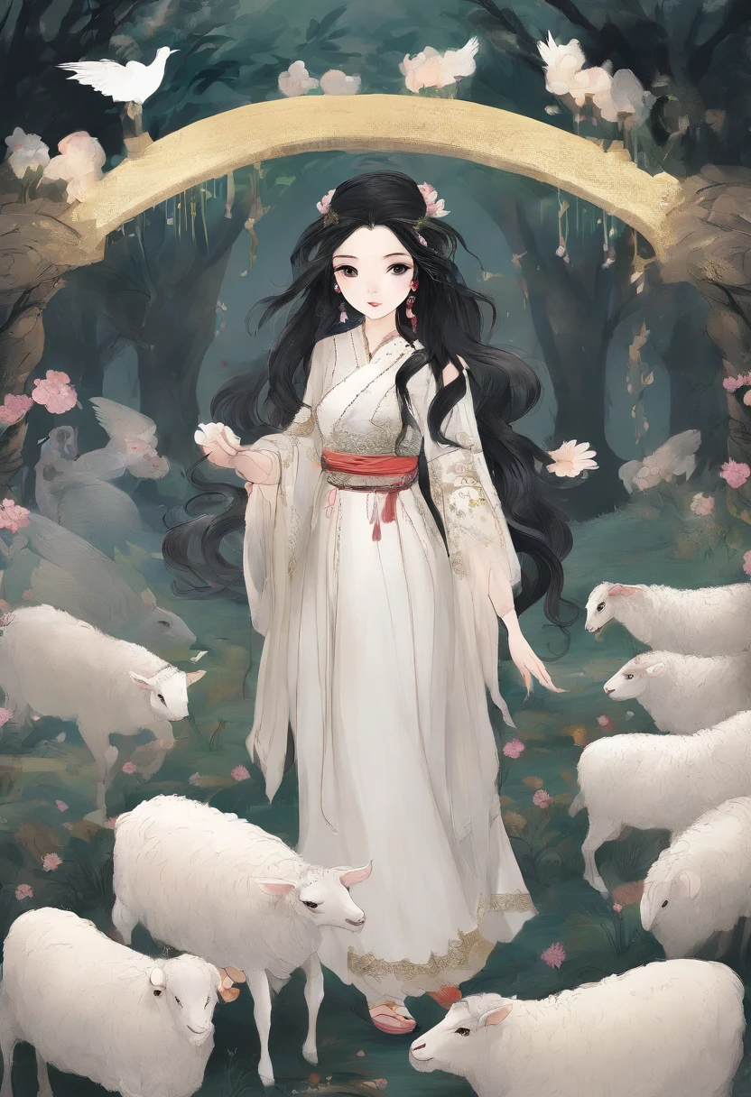 A Zhuang girl,Black hair,largeeyes,with a round face,Toiling in the fields,There are flocks of sheep next to it