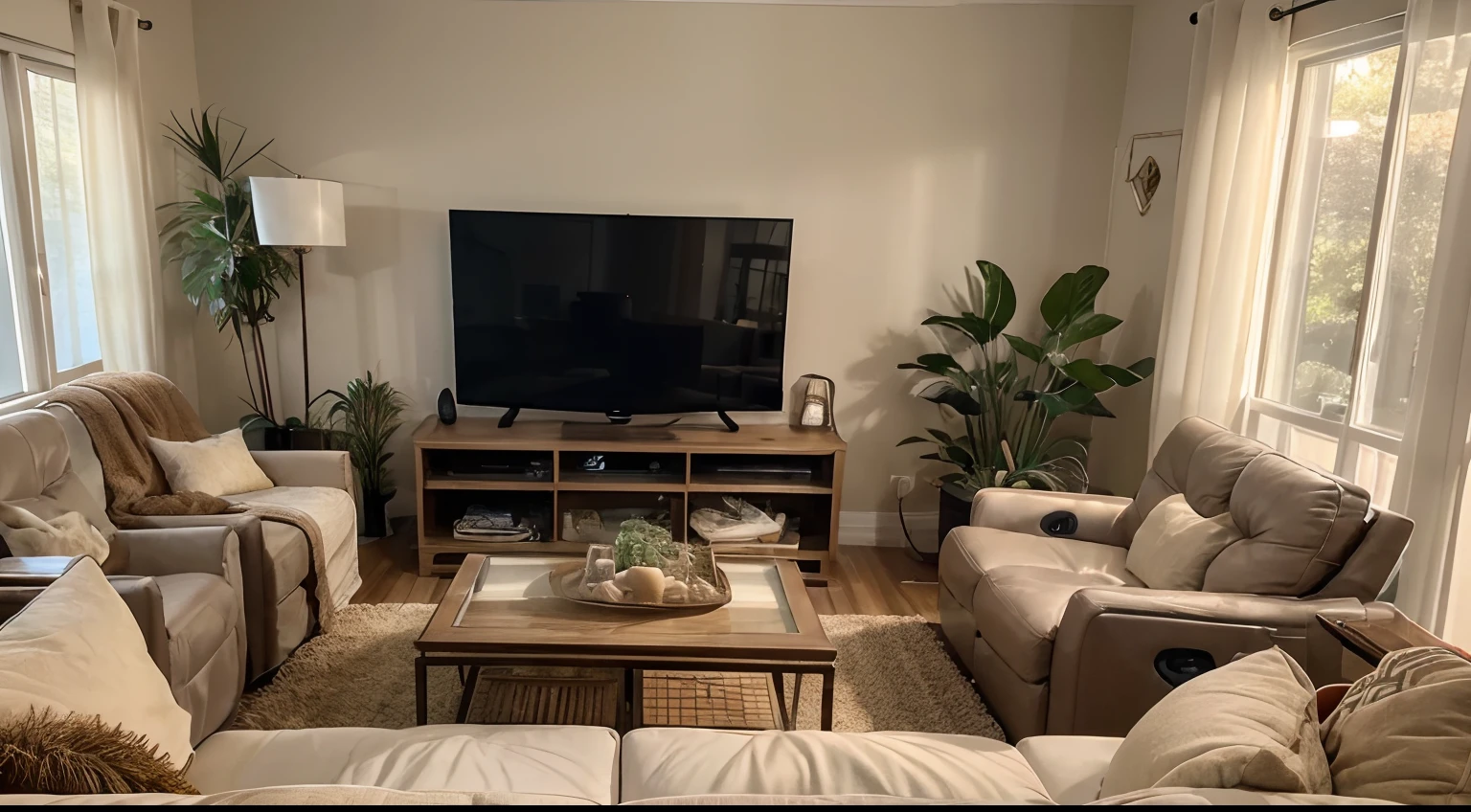 Ambience: A cozy, suburban living room with warm, soft lighting.
Context: A family sits together, watching TV. Their faces are illuminated by the screen.
Color: Soft, warm colors, beige, and pastel tones.
Objects: The TV screen displays a privacy policy while the family members are connected to digital devices, emphasizing the idea of digital privacy at home.