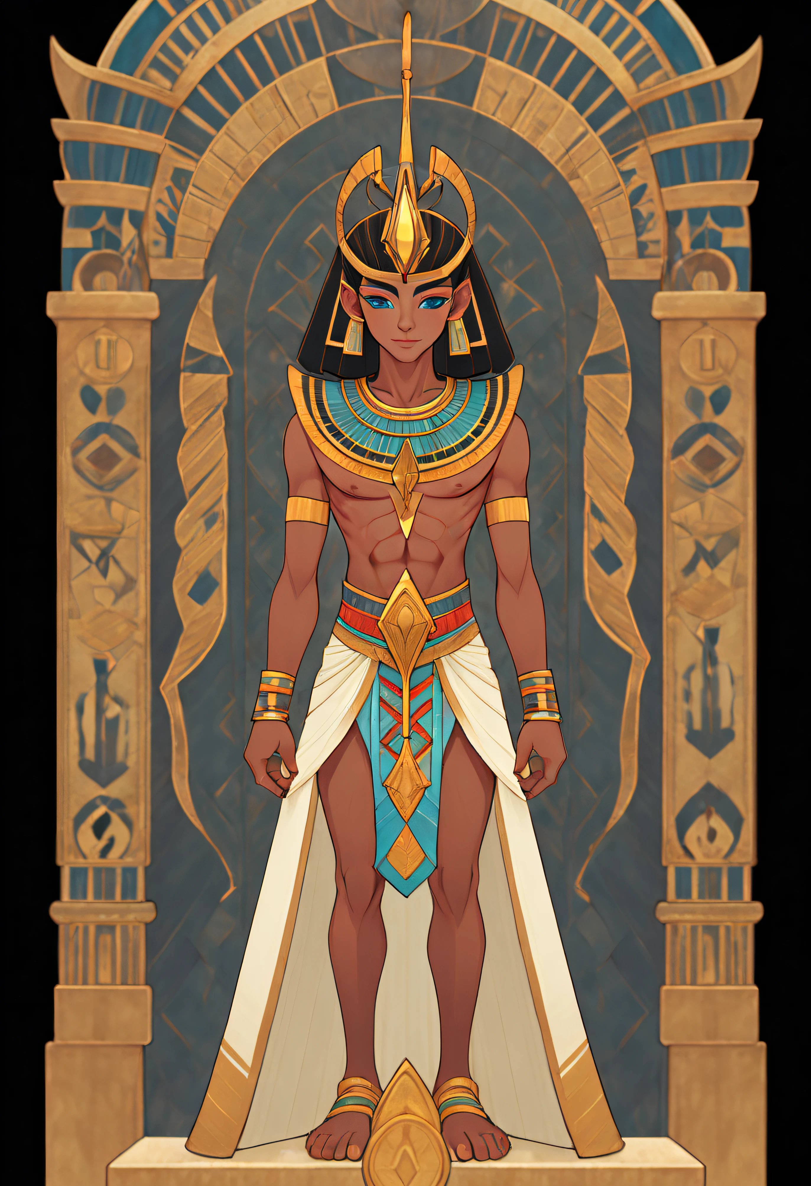1   boy, Egyptian pharaoh, Egyptian costumes, the sphinx, Full body standing painting, (((独奏))), Clear facial features, Simple line design, ((tarot card background, symmetric beauty)), perfectly symmetrical, The art of symmetry, Standing drawings of characters, ((flatcolors)), tmasterpiece，top Quority，best qualtiy，超高分辨率, ((Clear facial features，beautidful eyes，beauitful face, Exquisite facial features))