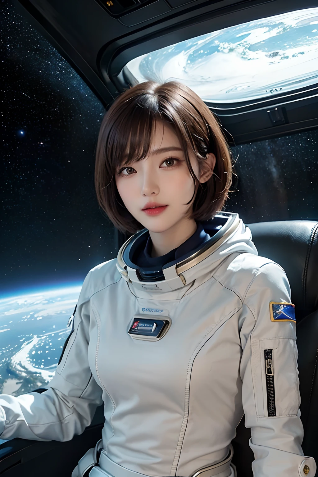 top-quality、masterpiece、超A high resolution、(realisitic:1.4)、Beautuful Women1、Beautiful detail eyes and skin、ssmile、Light brown short-cut hair、The perfect spacesuit、Inside the spacecraft、cosmic space、