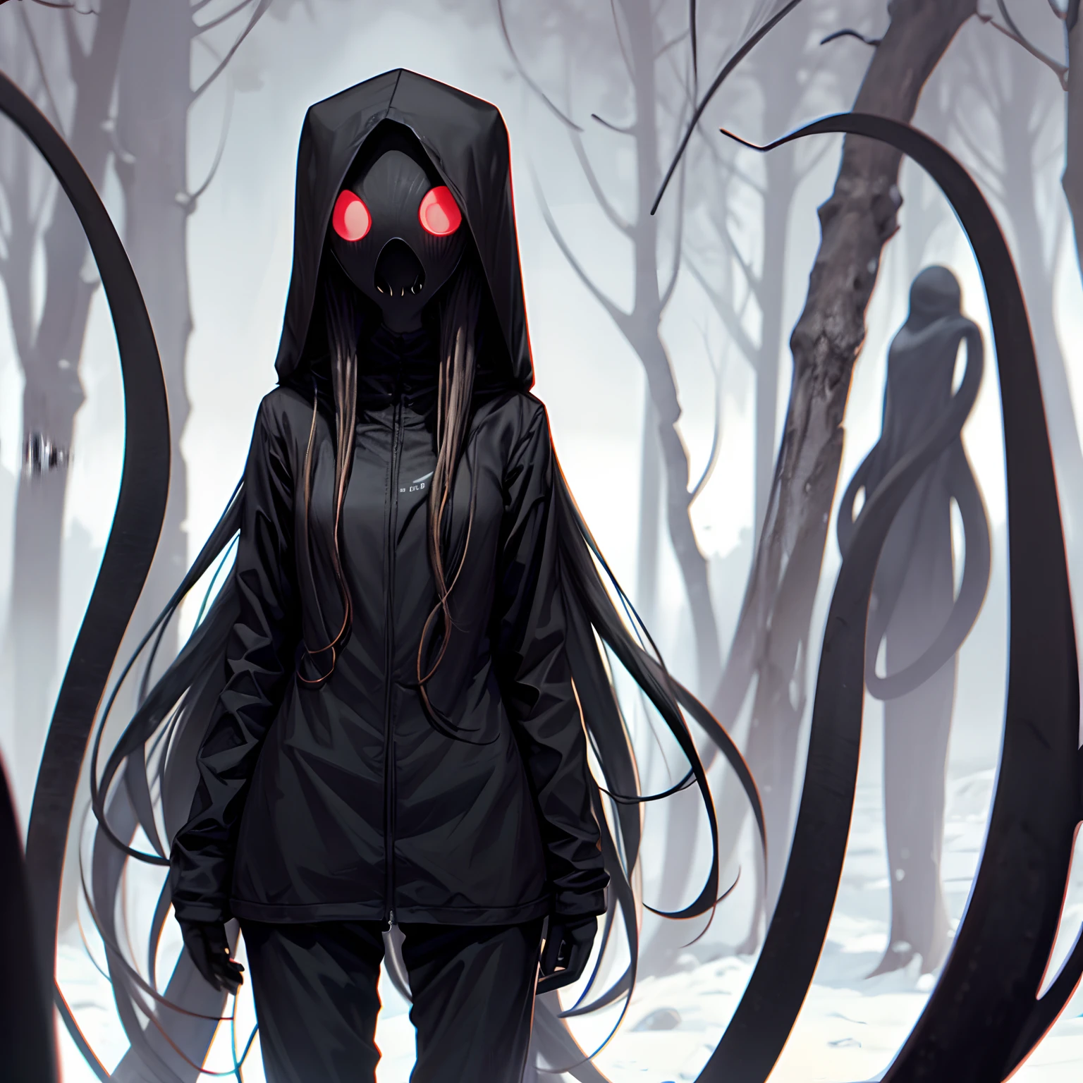 Slenderman but a woman, scary, Slenderman tentacles, operator,creepypasta,long black hair, blank head, tall,