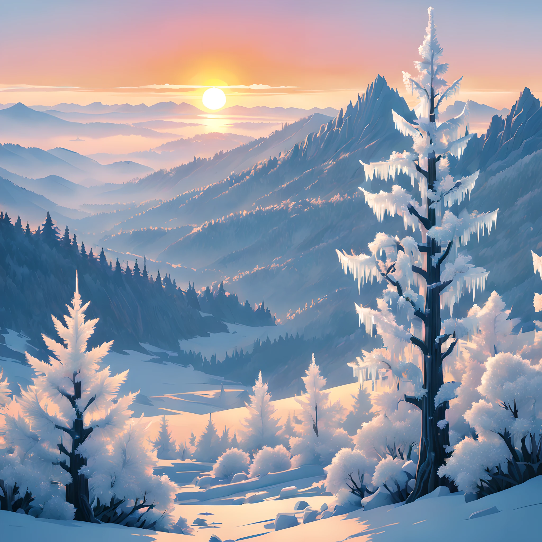 (Pixel art:1.5), (Rime Ice;1.3), (frozen trees:1.3), (alpine zone:1.3), (rime ice covered trees along skyline:1.3), (rime ice and snow:1.5), (sunrise:1.5),(sunrise light:1.3),