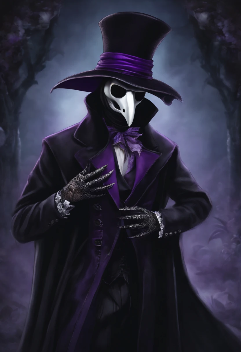 male plague doctor with purple goggles, cartoon, the long coat like dress has leg cuts, revealed legs with lace straps and fishnets, wearing black stilettos, high quality image 20 year old