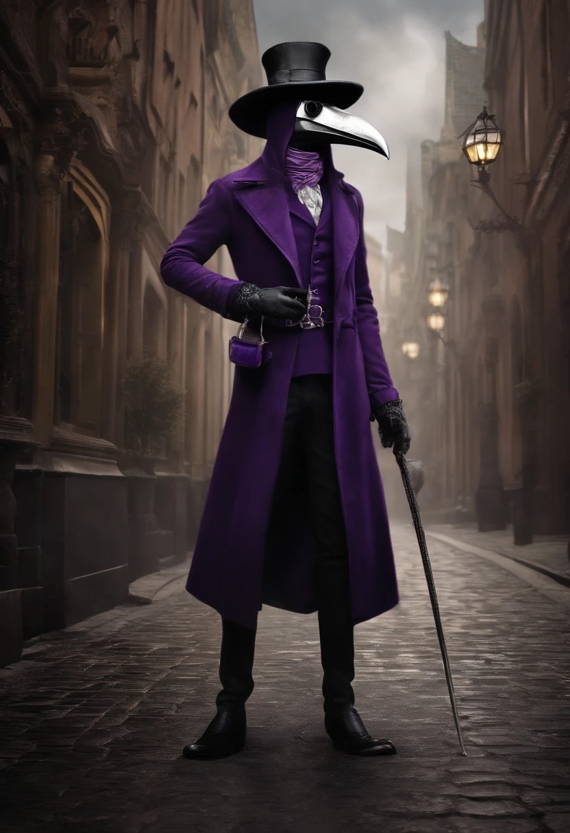 male plague doctor with purple goggles, cartoon, the long coat like dress has leg cuts, revealed legs with lace straps and fishnets, wearing black stilettos, high quality image 20 year old