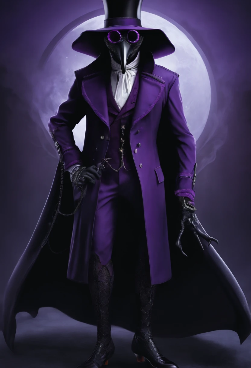 male plague doctor with purple goggles, cartoon, the long coat like dress has leg cuts, revealed legs with lace straps and fishnets, wearing black stilettos, high quality image 20 year old