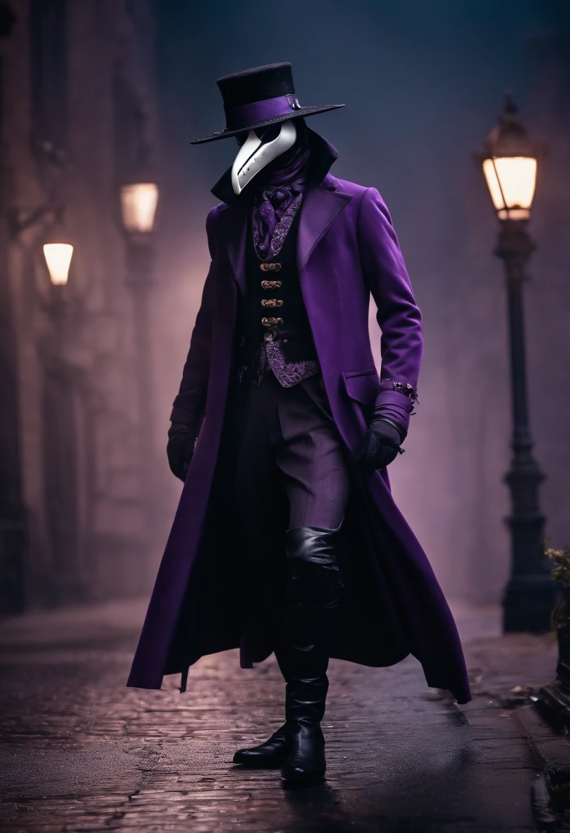 male plague doctor with purple goggles, cartoon, the long coat like dress has leg cuts, revealed legs with lace straps and fishnets, wearing black stilettos, high quality image 20 year old