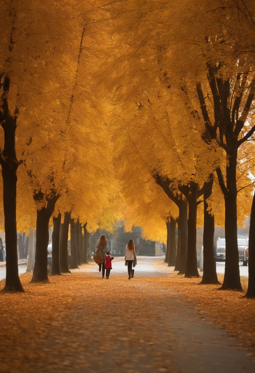 Una mujer milf, 30 years old, Mom on her knees, frente a su hijo, para darle un fuerte abrazo, viste una camisa blanca sencilla con escote, y una minifalda, Boy running towards her, little ???, Boy in school clothes, Location A Package, A couple of autumn trees with a few hours on the streets, Angle of the image from the child's back