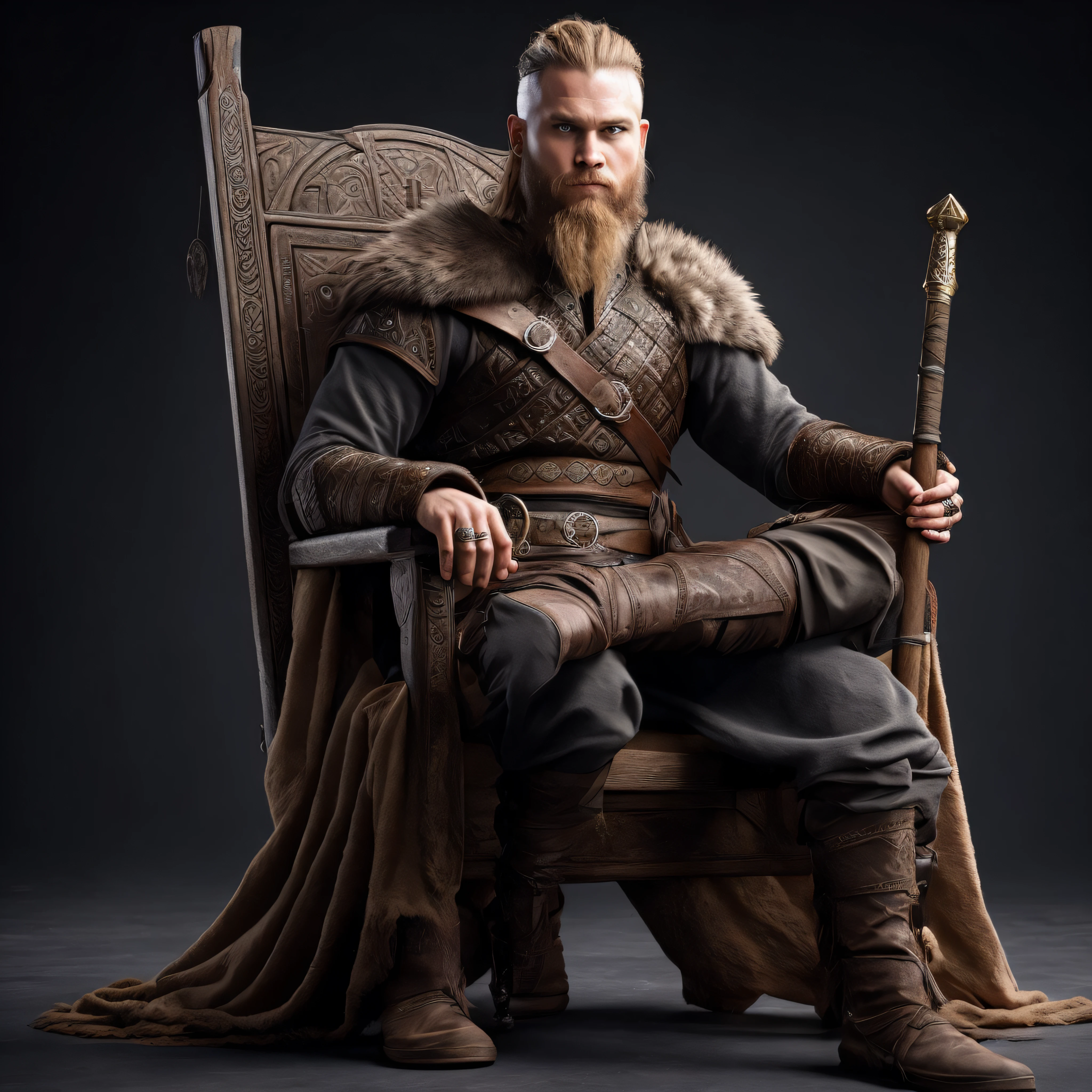 um homem com uma roupa marrom sentado em uma cadeira de madeira, epic viking king, Rei Viking, Retrato de um viking, Sente-se no trono, Amazing 8K character concept art, sentado no trono, homem barbudo sentado em um trono, arte do personagem do motor irreal, sentado em seu trono, viking and templar aesthetics, guerreiro viking, traje viking, Velho Rei Medieval