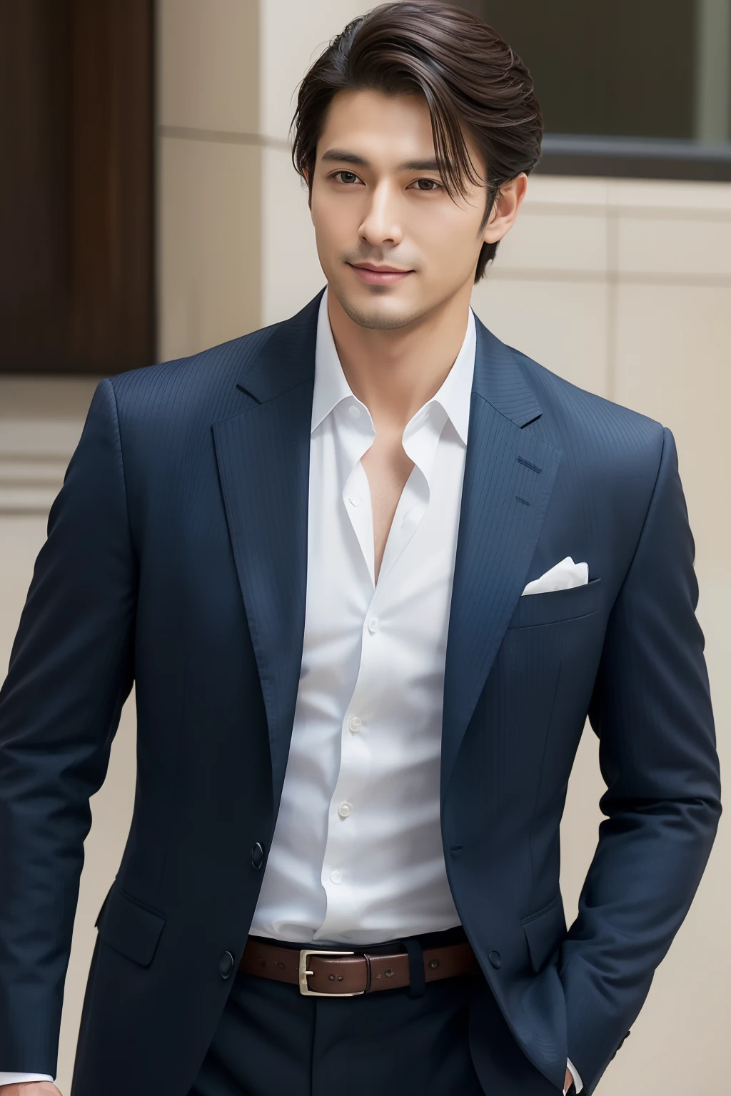 Dark brown suit、　Refreshing and attractive 40-year-old employee、　（Super cool S-class guy in suit）、dandy、　30-year-old short-haired boy from Japan、　businessman、　Ultra-luxury suits、　s Office、　Dandy handsome in a suit、　Full body photo、　（Highly detailed photos of CG Unity 8K）、　（A highly detailedＳHandsome man in class）、　（Photo Real）、　　（（top-quality））、　ultra-detailliert、　（​masterpiece）、　An ultra-high picture quality、　tall、　viewer、　Gentle man、　Very beautiful hair、　Shorthair、　Bright photo、　Handsome like a model、　Handsome like an idol、　luxury watch、　Cool Belt、　japanes