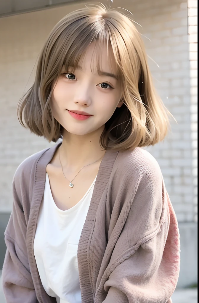 mix4,(top-quality), (Photorealsitic),(Concrete wall background:1.2), 1womanl, The upper part of the body, High Detail Face,, (Very light hair color on the inner)、FujifilmXT3、 (8K)、Less bangs、(shorth hair:1.3)、(Hair with outward ends:1.6)、Wet hair、ssmile、Delicate and realistic skin and hair、cowboy shot、Patterned lace clothes、(Medium bob hair:1.1)、(Blonde hair colors overlap:1.5)、Less hair、adultlike face、Looking here、(Clothing that covers the shoulders:1.5)、Splash outside、Winter clothes、(Turn around and smile:1.3)、(Very light hair color on the inside of the hair:2)、Variety of hair colors、(Hair color mixed with various colors:1.8)、Unicorn Color、Rainbow Color、inner colored、