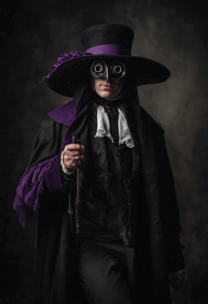 male plague doctor with purple goggles, cartoon, the long coat like dress has leg cuts, revealed legs with lace straps and fishnets, wearing black stilettos, high quality image 20 year old