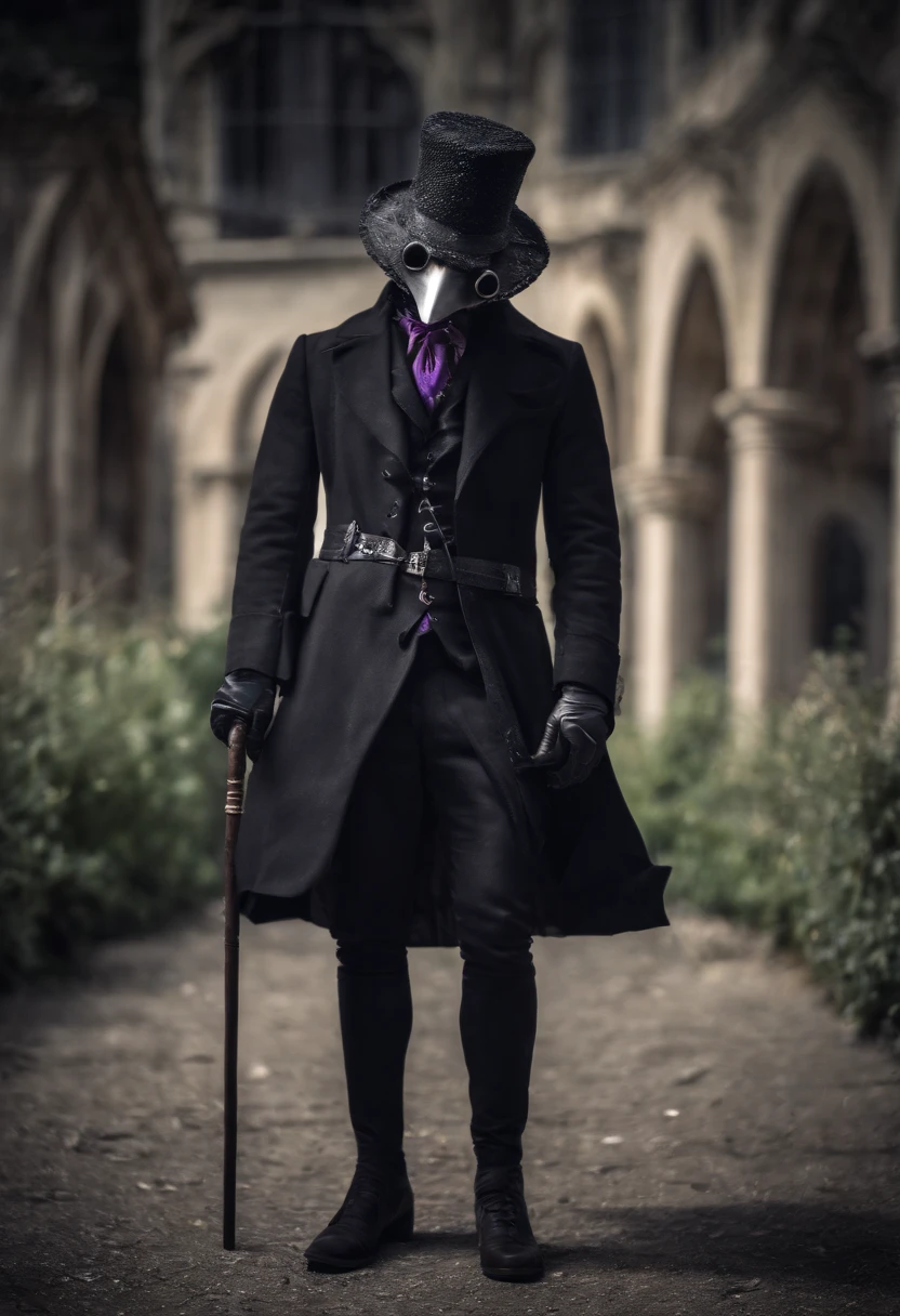 male plague doctor with purple goggles, cartoon, the long coat like dress has leg cuts, revealed legs with lace straps and fishnets, wearing black stilettos, high quality image 20 year old
