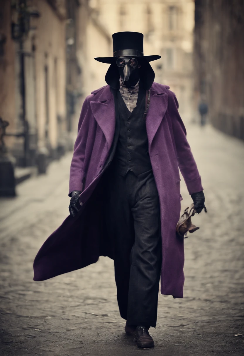 male plague doctor with purple goggles, cartoon, the long coat like dress has leg cuts, revealed legs with lace straps and fishnets, wearing black stilettos, high quality image 20 year old