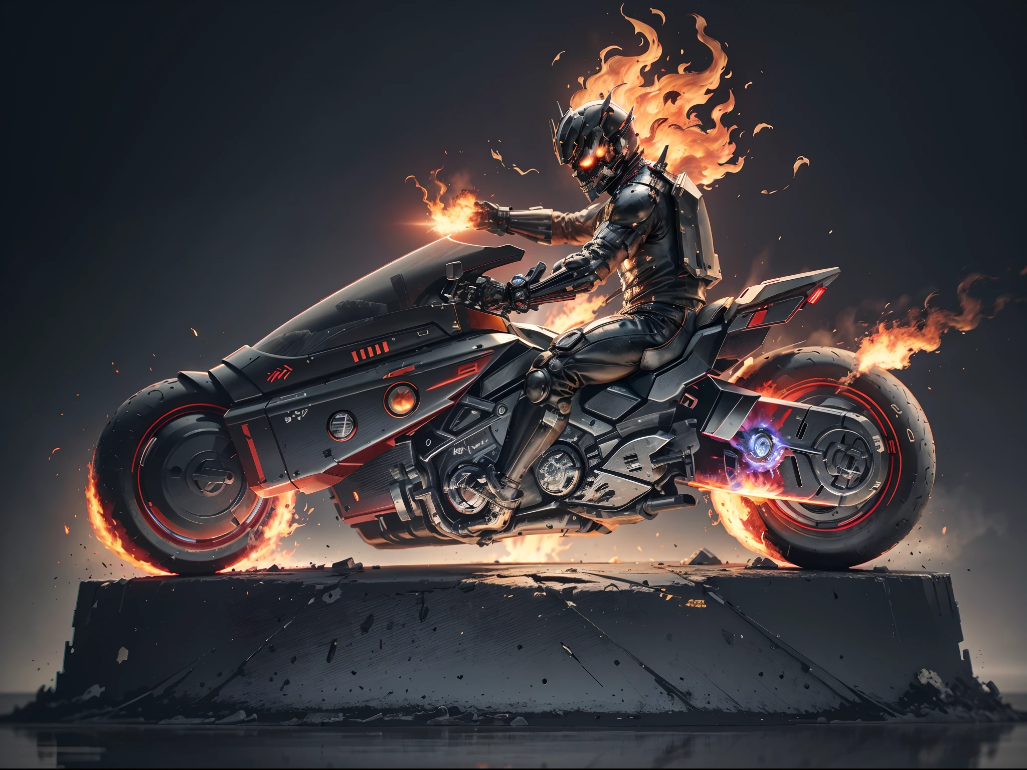 (offcial art, Unity 8k wallpaper, Ultra-detailed, Beautiful, Masterpiece, Best quality, 1.4x more realistic), (Ghost Knight: 1.5), The skull is surrounded by flames,There was a fire in his eyes, The corpse was wrapped in burning chains, Titanium chains and the future technology of motorcycles, Icy bodywork, Ghost Rider rides a futuristic black Akirabike, Gallop on a burning fire, The entire Akirabike caught fire and burned down, fire element, composed of fire elements, volcanoes, Burning cyberpunk cityscape, Armageddon, Epic screen, Anatomically correct, Textured skin.