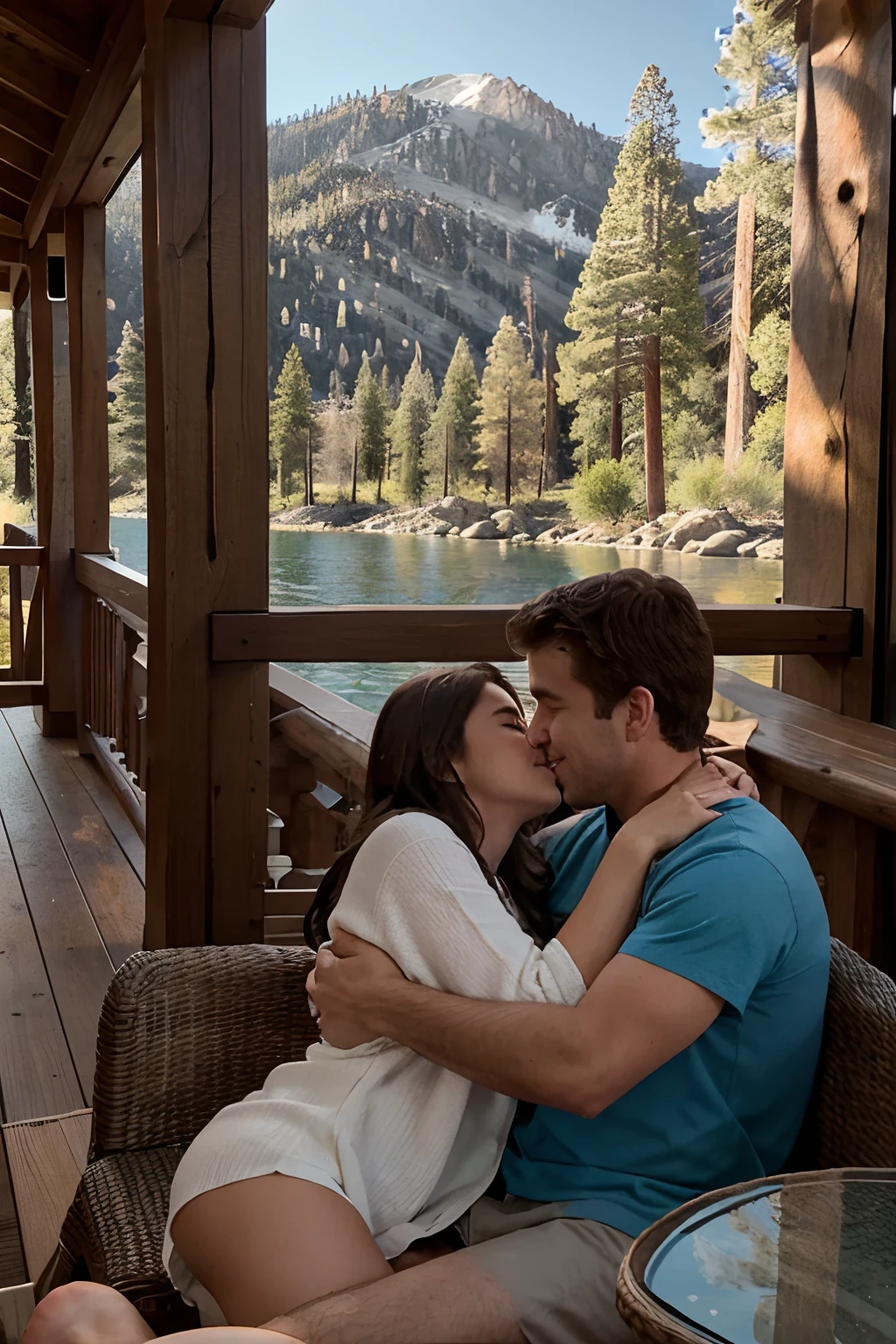 a couple get cozy on cabin porch on Lake Tahoe, a lake in the Sierra Nevada Mountains, straddling the border of California and Nevada, the porch view are spectacular of Lake Tahoe, exceptional views of the Sierra Nevada Mountains, the couple embrace each other on the patio with the lake view behind them, the natural world surrounds them, lovely moment