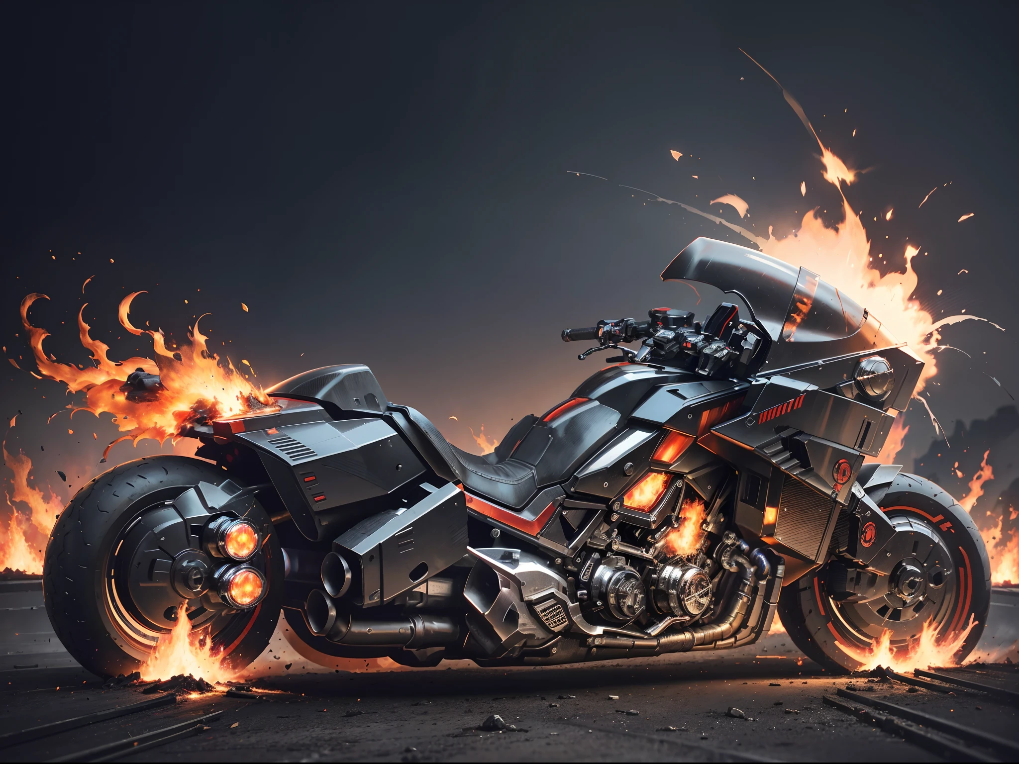 (offcial art, Unity 8k wallpaper, Ultra-detailed, Beautiful, Masterpiece, Best quality, 1.4x more realistic), (Ghost Knight: 1.5), The skull is surrounded by flames，There was a fire in his eyes, The corpse was wrapped in burning chains, Titanium chains and the future technology of motorcycles, Icy bodywork, Ghost Rider rides a futuristic black Akirabike, Gallop on a burning fire, The entire Akirabike caught fire and burned down, fire element, composed of fire elements, volcanoes, Burning cyberpunk cityscape, Armageddon, Epic screen, Anatomically correct, Textured skin.