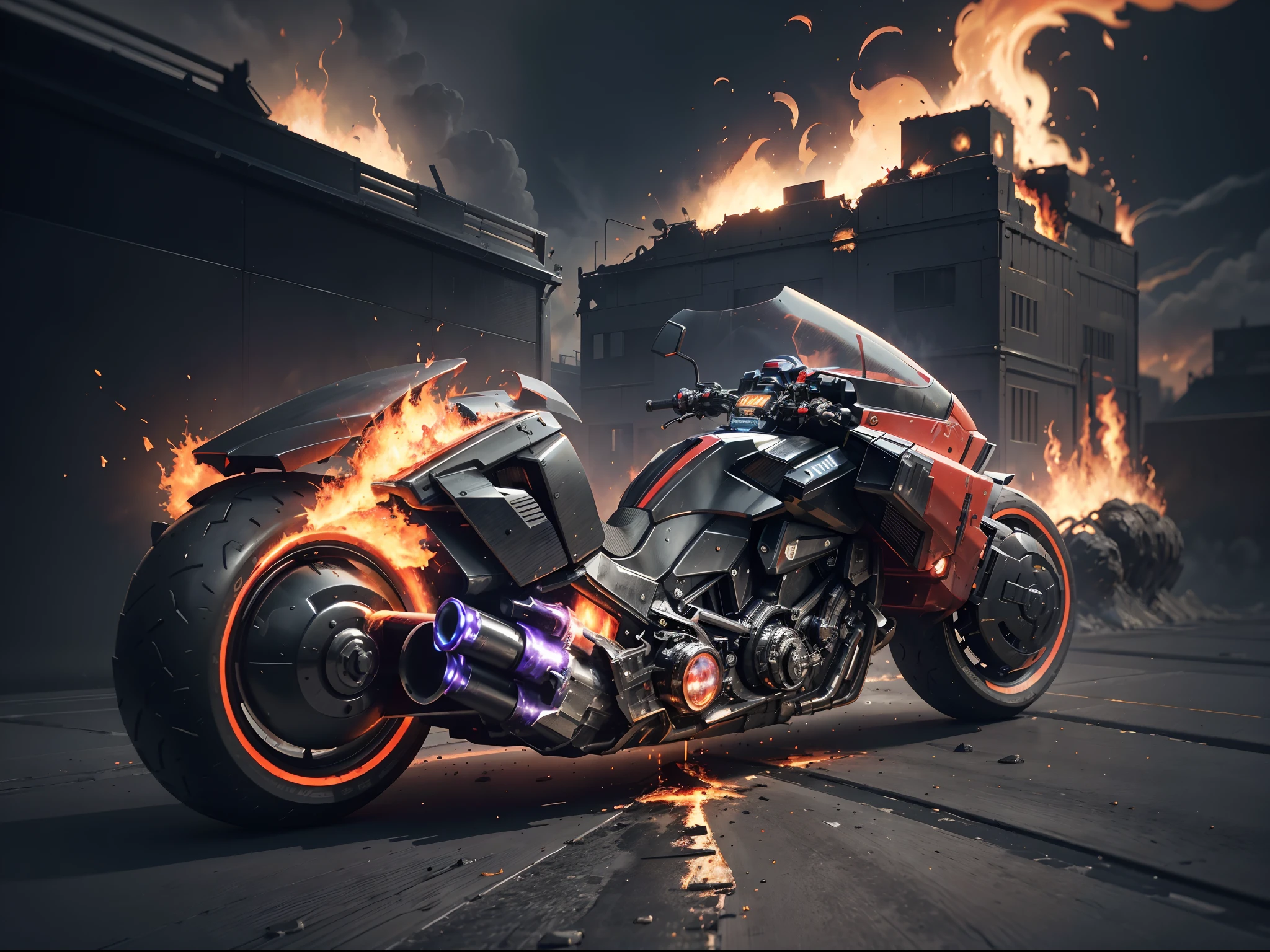 (offcial art, Unity 8k wallpaper, Ultra-detailed, Beautiful, Masterpiece, Best quality, 1.4x more realistic), (Ghost Knight: 1.5), The skull is surrounded by flames,There was a fire in his eyes, The corpse was wrapped in burning chains, Titanium chains and the future technology of motorcycles, Icy bodywork, Ghost Rider rides a futuristic black Akirabike, Gallop on a burning fire, The entire Akirabike caught fire and burned down, fire element, composed of fire elements, volcanoes, Burning cyberpunk cityscape, Armageddon, Epic screen, Anatomically correct, Textured skin.