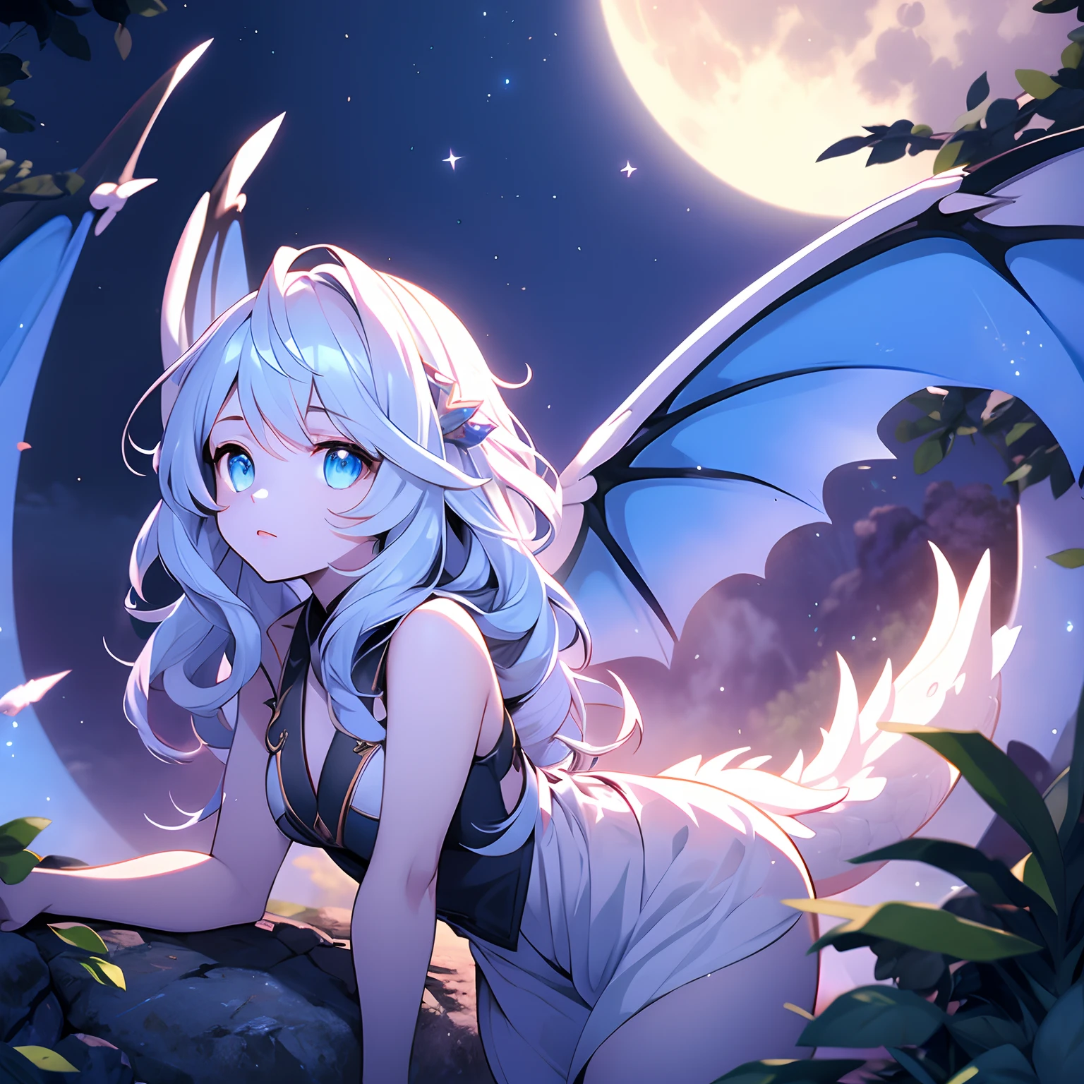 1girl, masterpiece, highly detailed, glowing blue eyes, wavy short white hair, weredragon, transformation and growth, under the moon