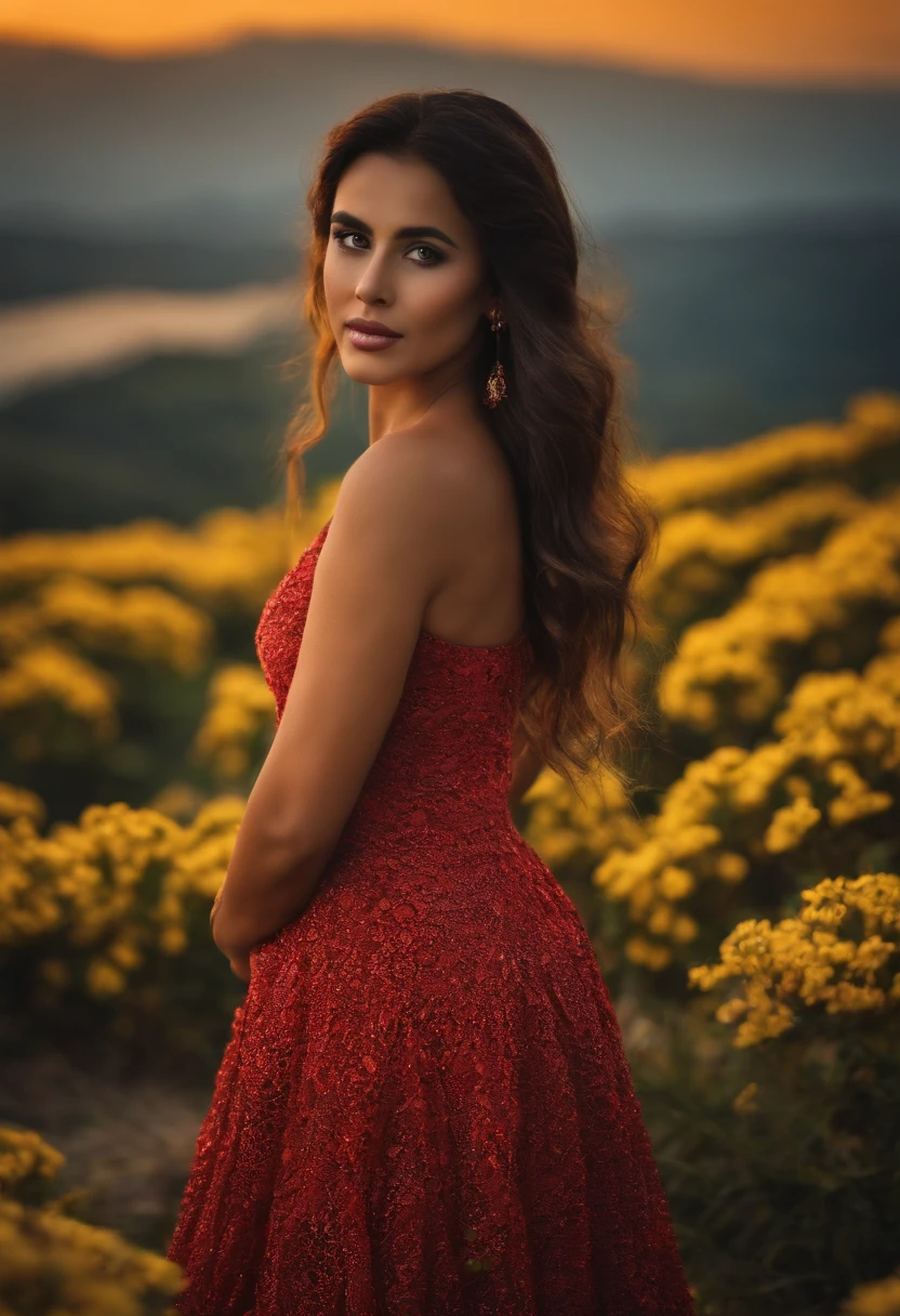 Menina caminhando no caminho florido
