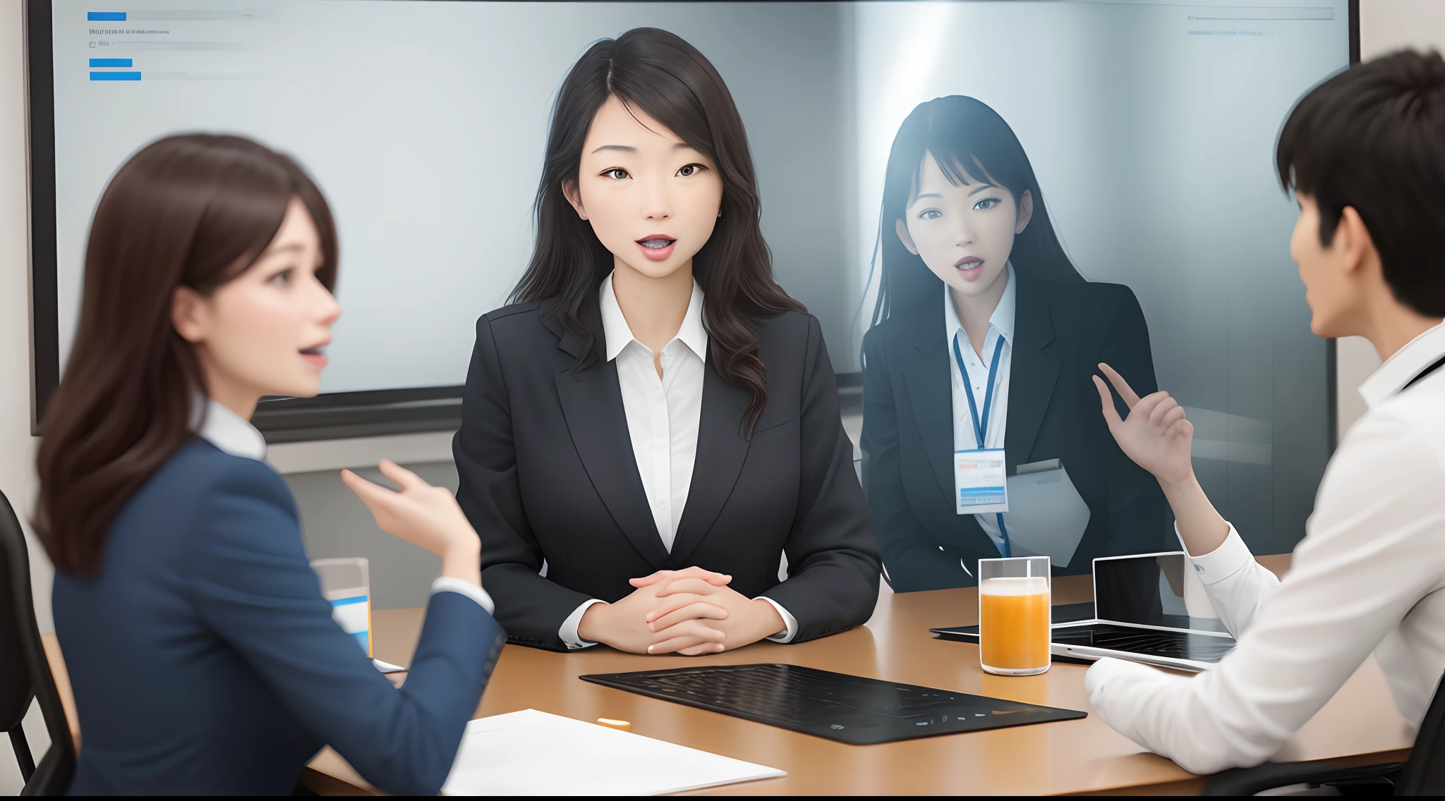 A group of employees discussing in a conference room，With a computer
