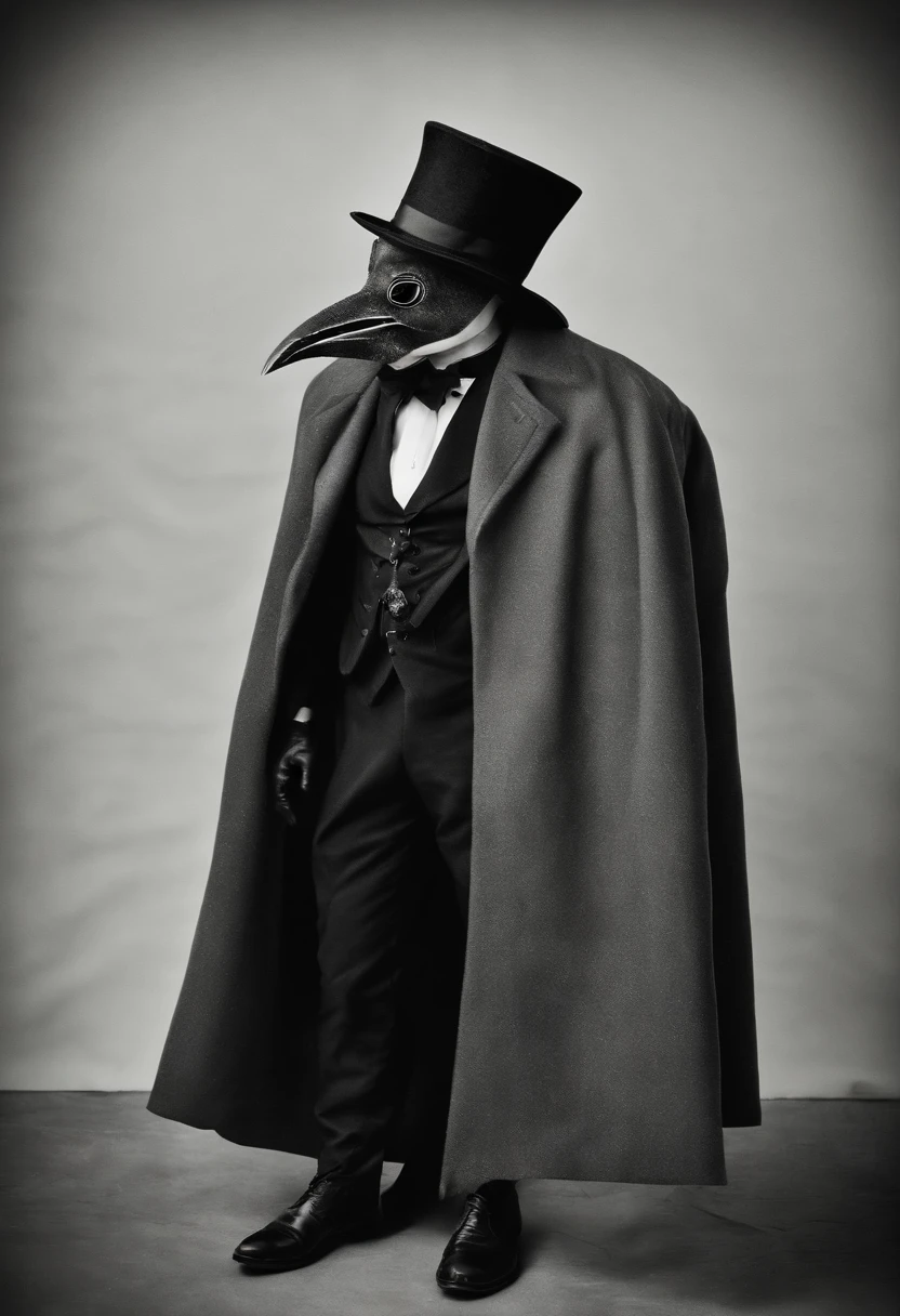 White background, male plague doctor with purple goggles, cartoon, the long coat like dress has leg cuts, revealed legs with lace straps and fishnets, wearing black stilettos, high quality image 20 year old