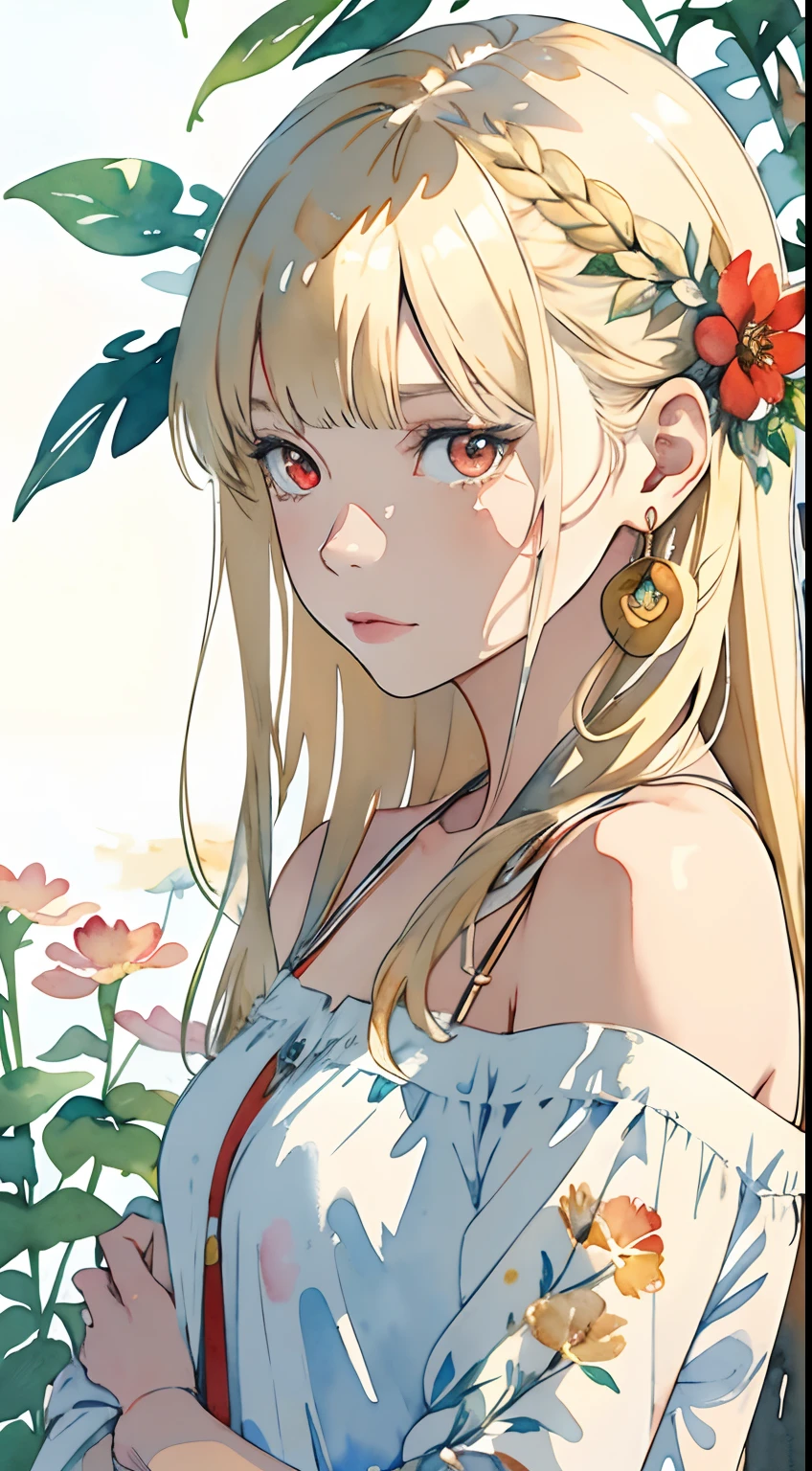 (watercolor:1.2),1girl, solo, flower, portrait, leaf, bangs, signature, blonde, long hair, red eyes, flower earrings