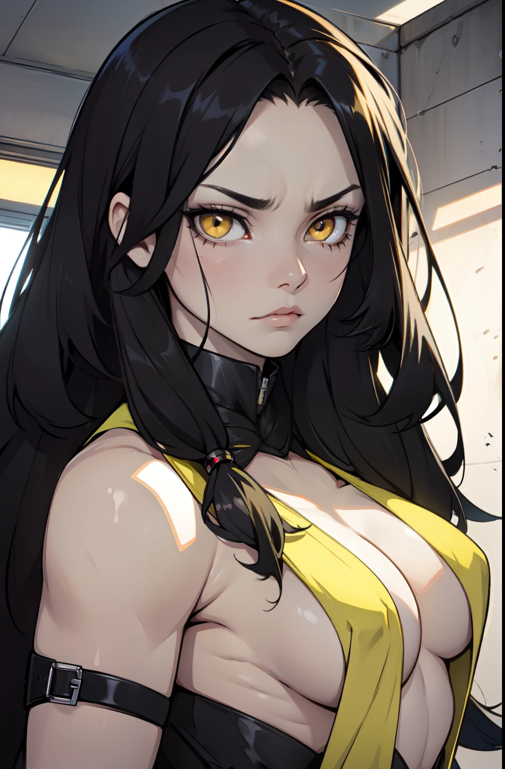 sad angry bright eyes 1 girl pale skin very long hair black hair yellow eyes