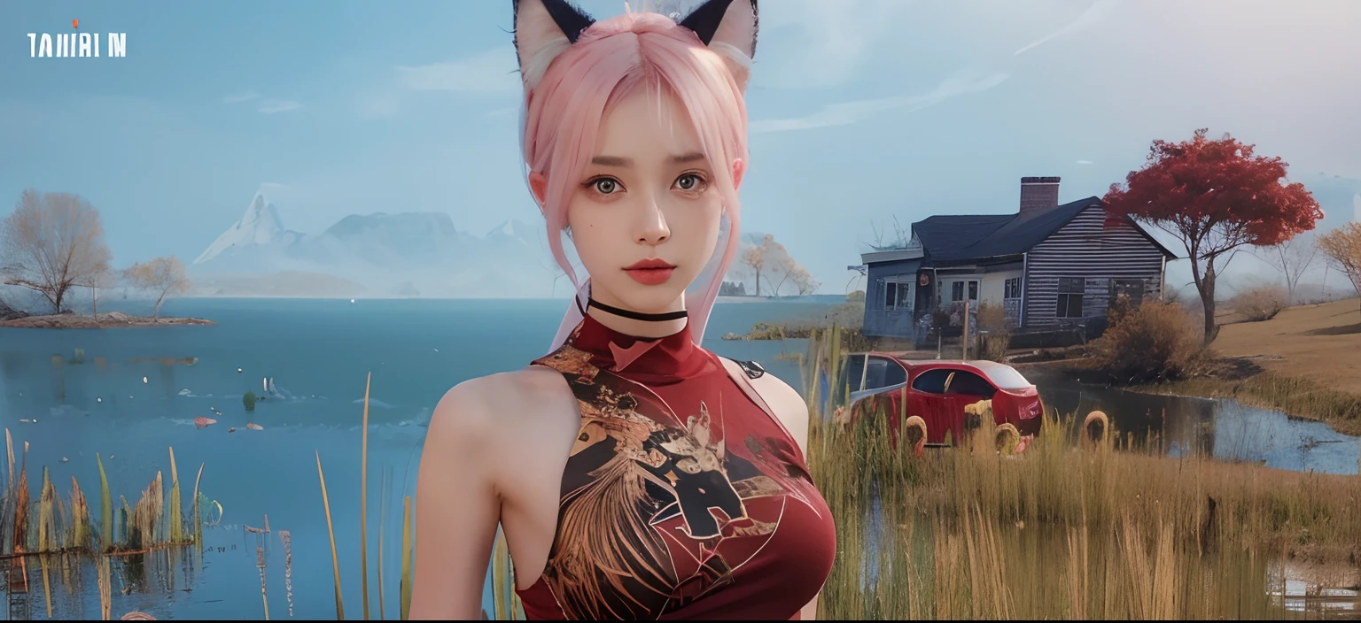 beutiful girl with cat ear and red shirt