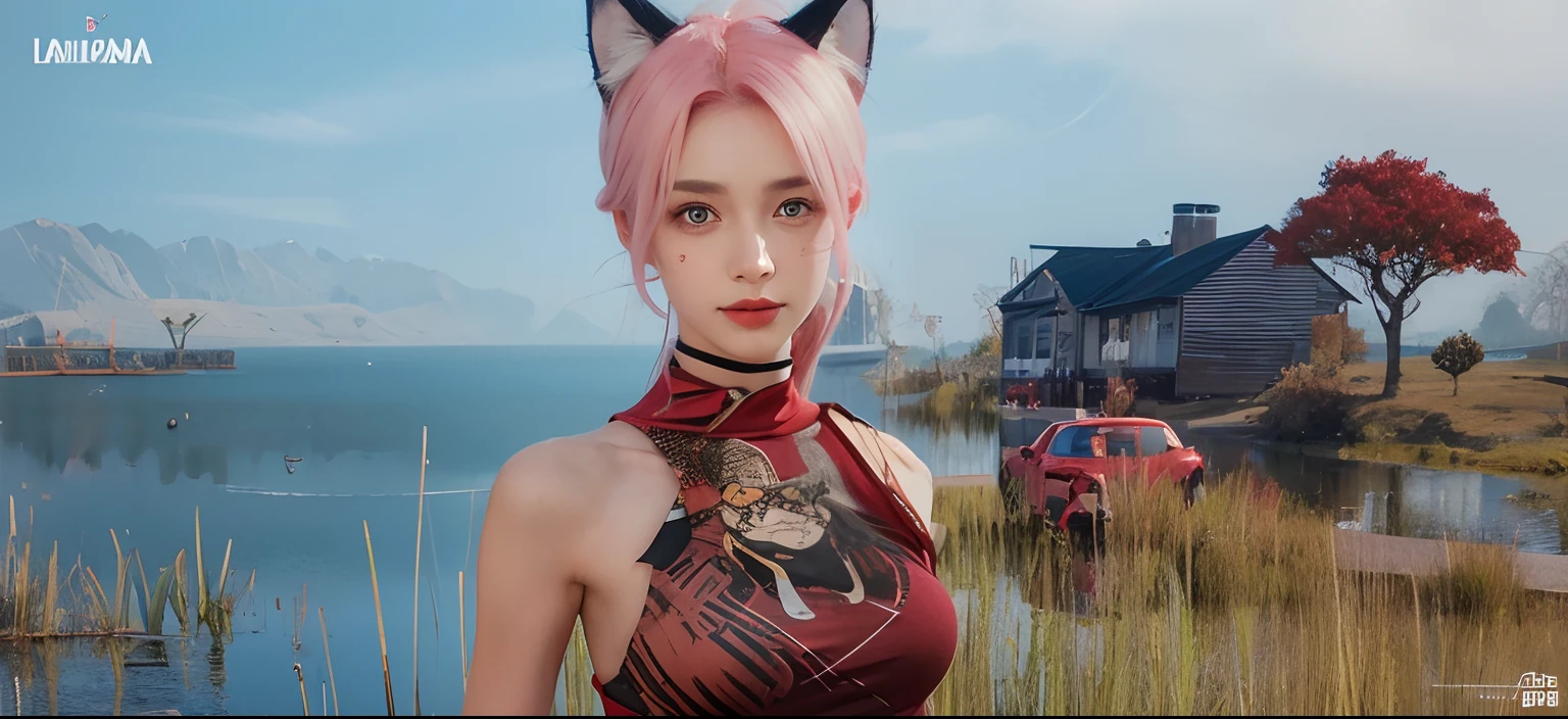 beutiful girl with cat ear and red shirt
