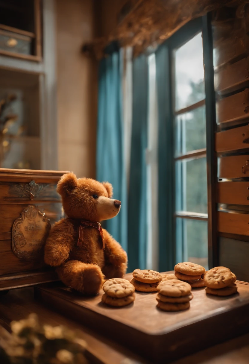 A box with cookies、Stuffed bear next to it、American Room、On the shelf