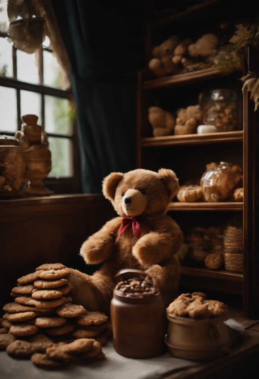 A box with cookies、Stuffed bear next to it、American Room、On the shelf