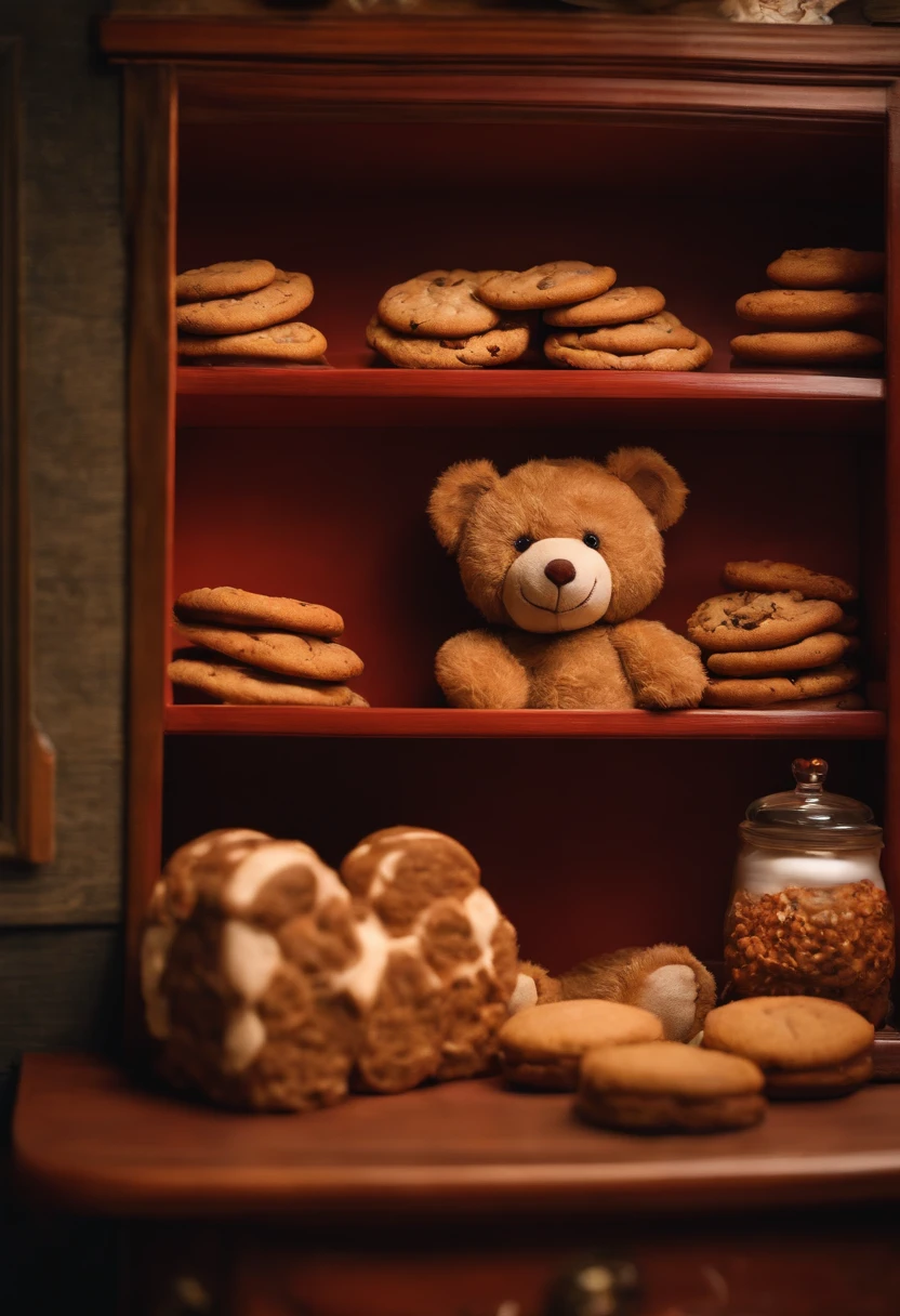 A box with cookies、Stuffed bear next to it、American Room、On the shelf