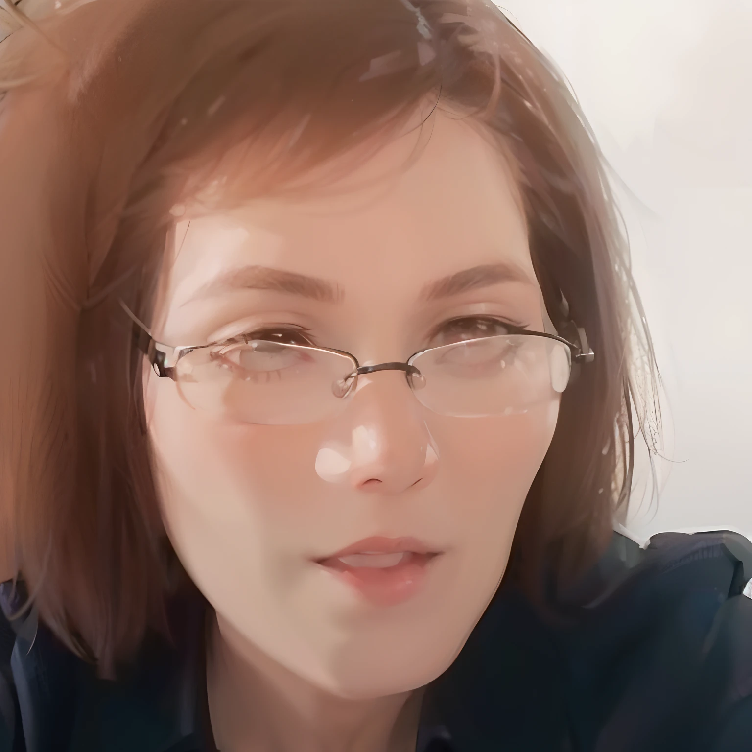 A woman with messy short hair，wearing a blacked shirt，Wearing glasses，Positive perspective，Close-up of emoji